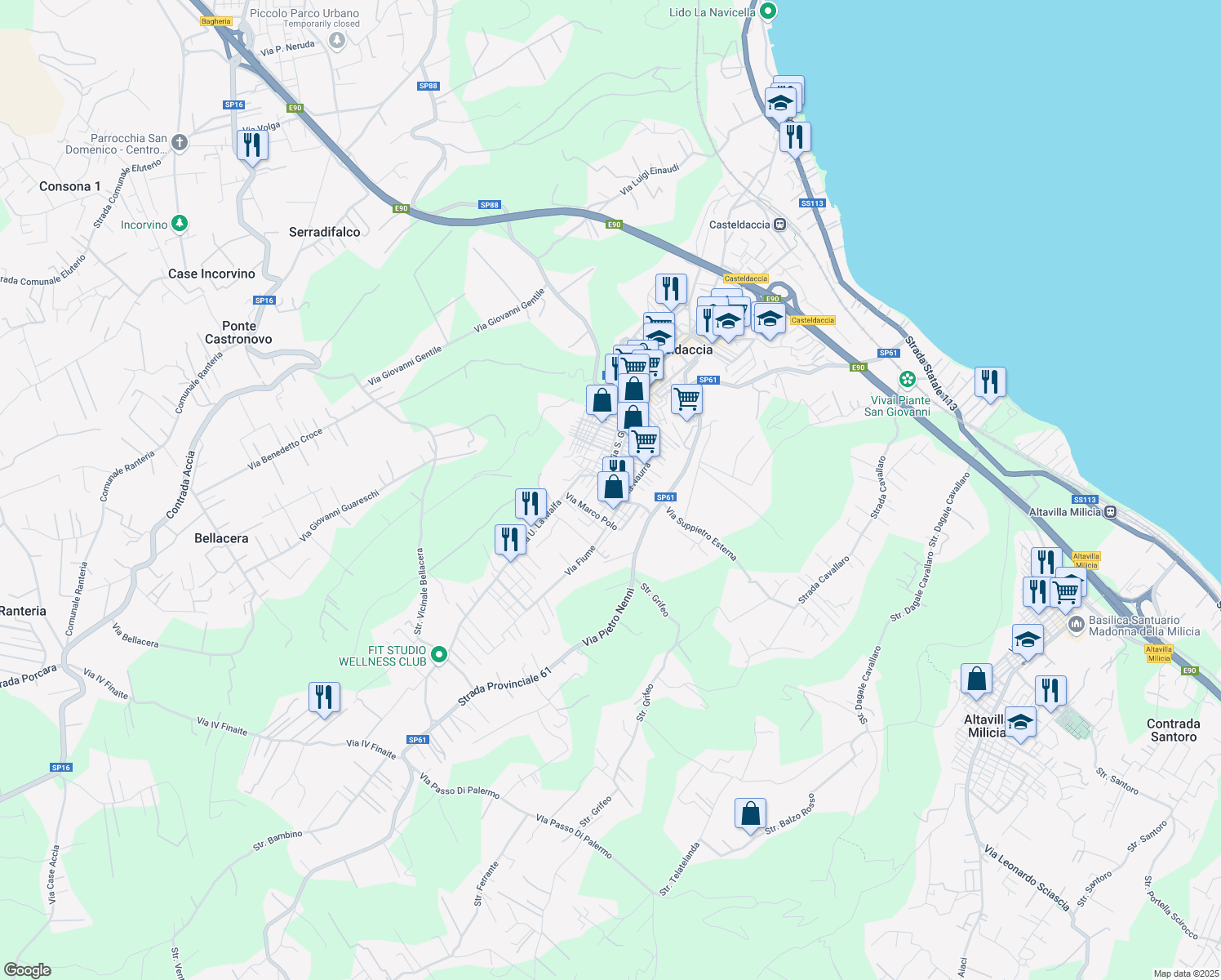 map of restaurants, bars, coffee shops, grocery stores, and more near 6 Via Riesi in Casteldaccia