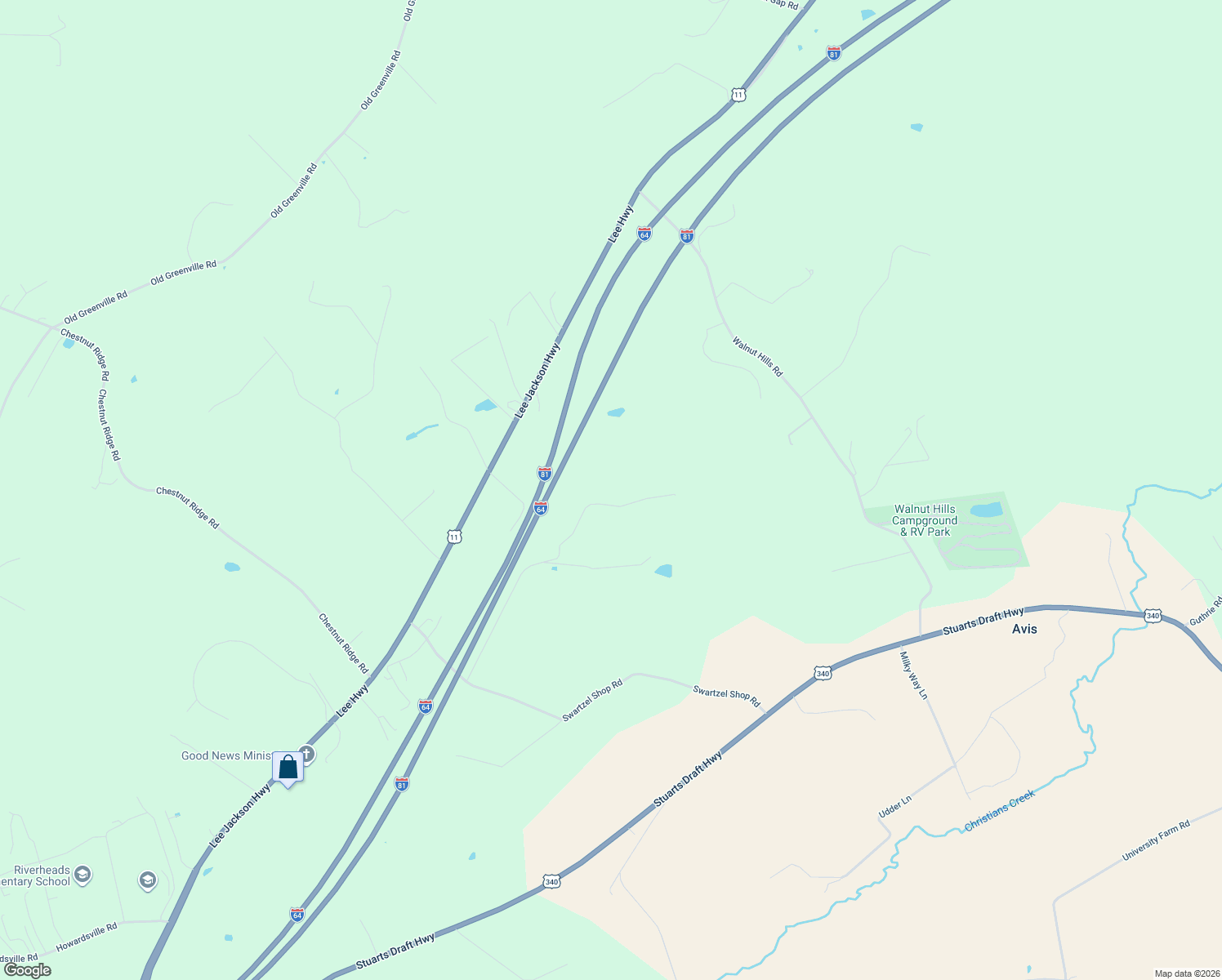 map of restaurants, bars, coffee shops, grocery stores, and more near 43-129 Walnut Creek Drive in Staunton