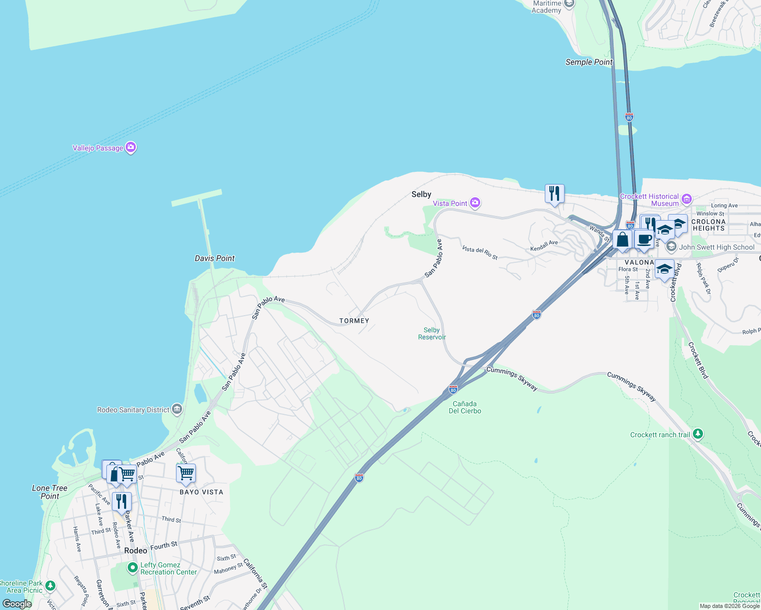 map of restaurants, bars, coffee shops, grocery stores, and more near 101 Old County Road in Crockett