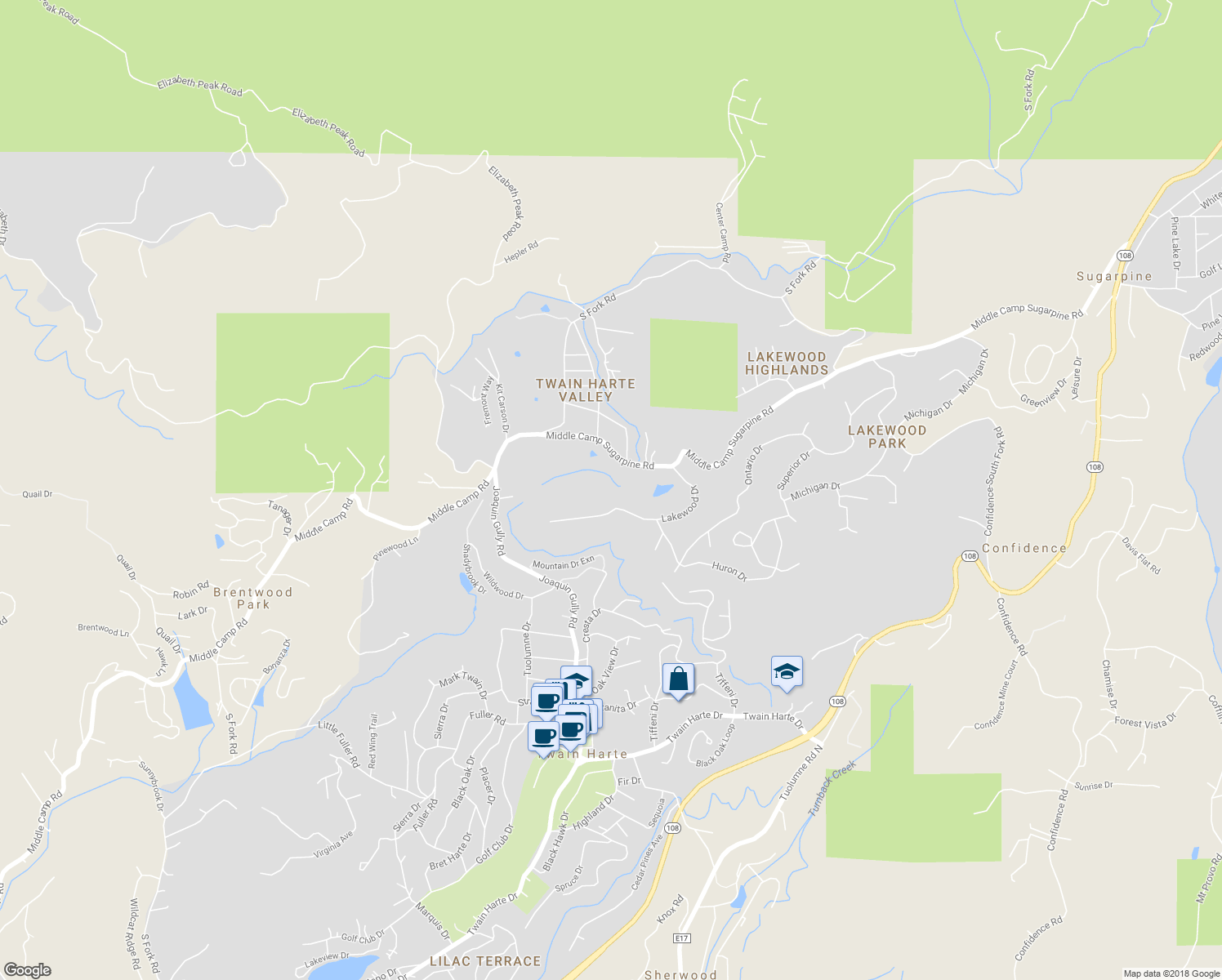 map of restaurants, bars, coffee shops, grocery stores, and more near 23422 Lakewood Drive in Twain Harte