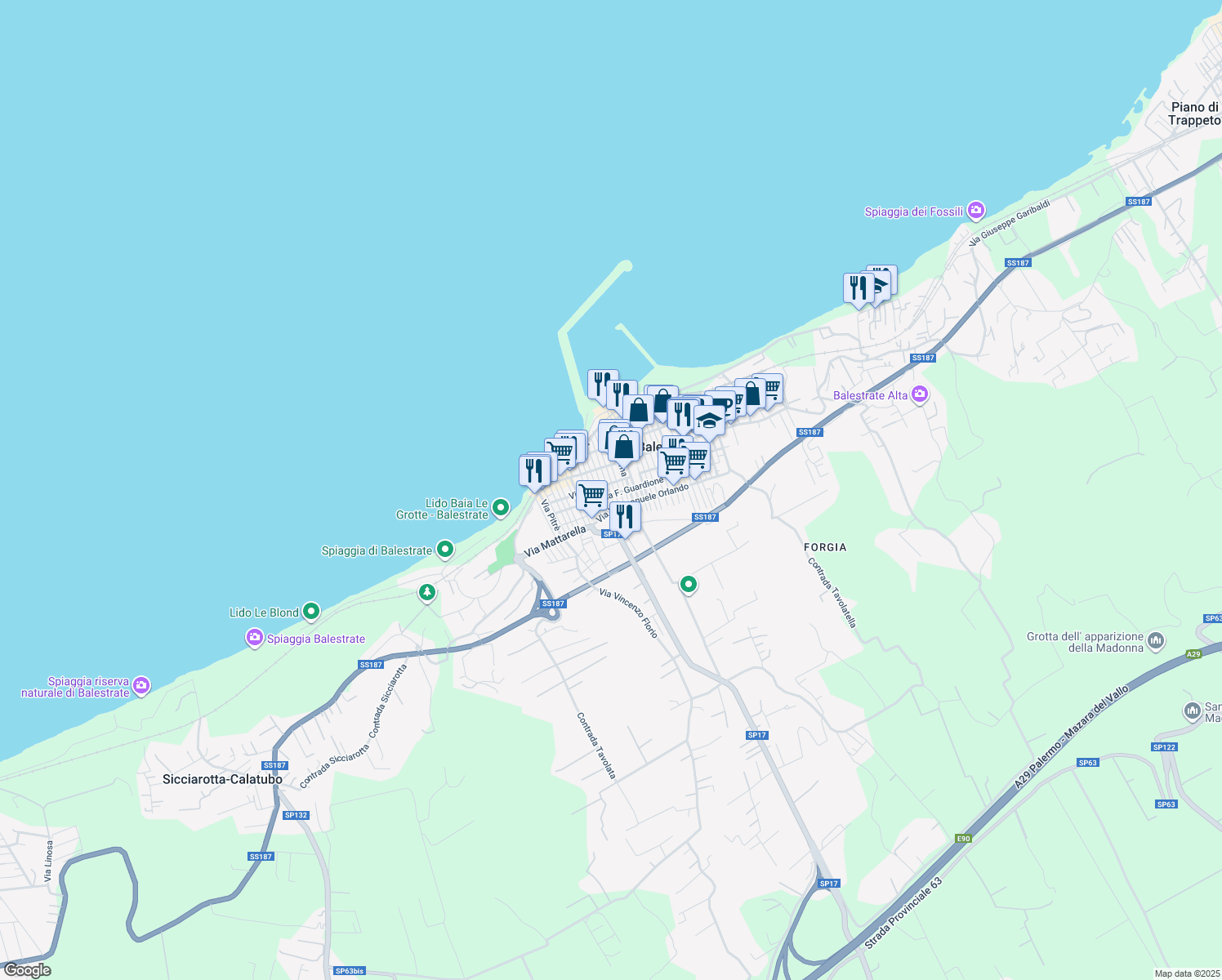 map of restaurants, bars, coffee shops, grocery stores, and more near 53 Via Luigi Capuana in Balestrate-foce