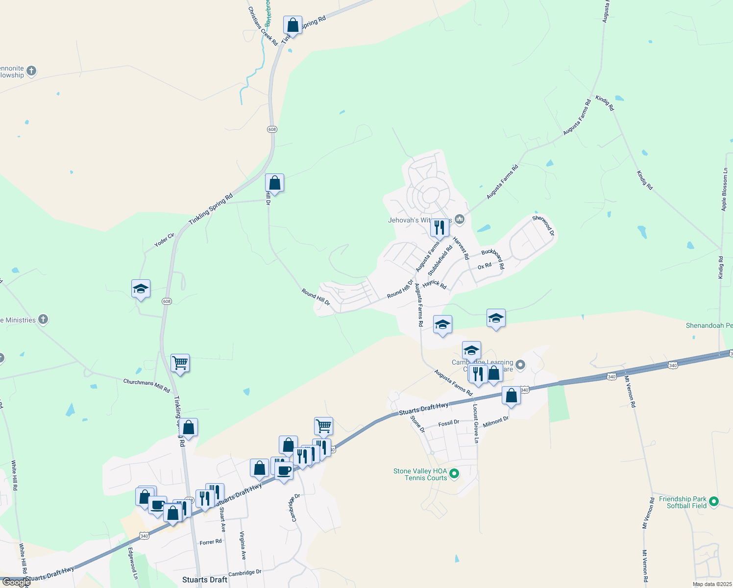map of restaurants, bars, coffee shops, grocery stores, and more near Brittany Lane in Stuarts Draft