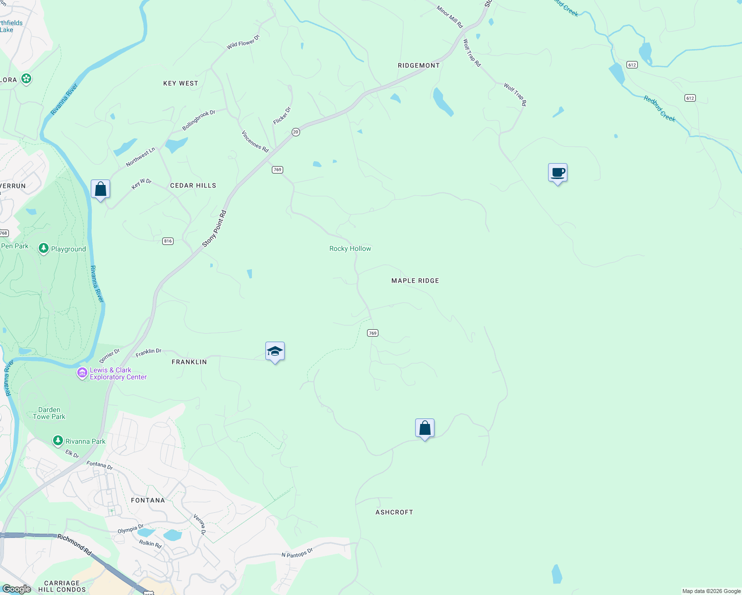 map of restaurants, bars, coffee shops, grocery stores, and more near 455 Rocky Hollow Road in Charlottesville
