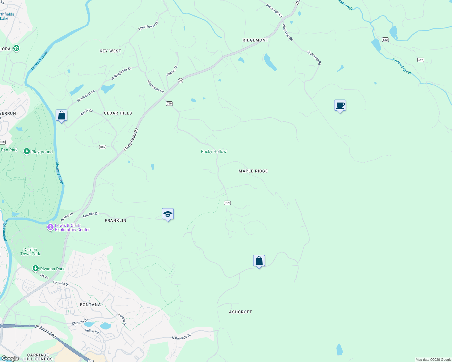 map of restaurants, bars, coffee shops, grocery stores, and more near 455 Rocky Hollow Road in Charlottesville