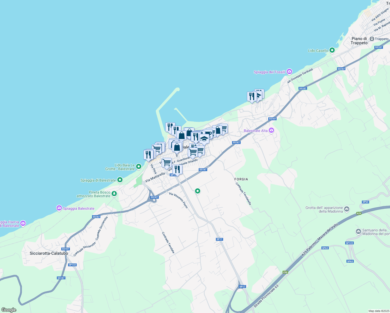 map of restaurants, bars, coffee shops, grocery stores, and more near 40 Via Paolino Gesugrande in Balestrate