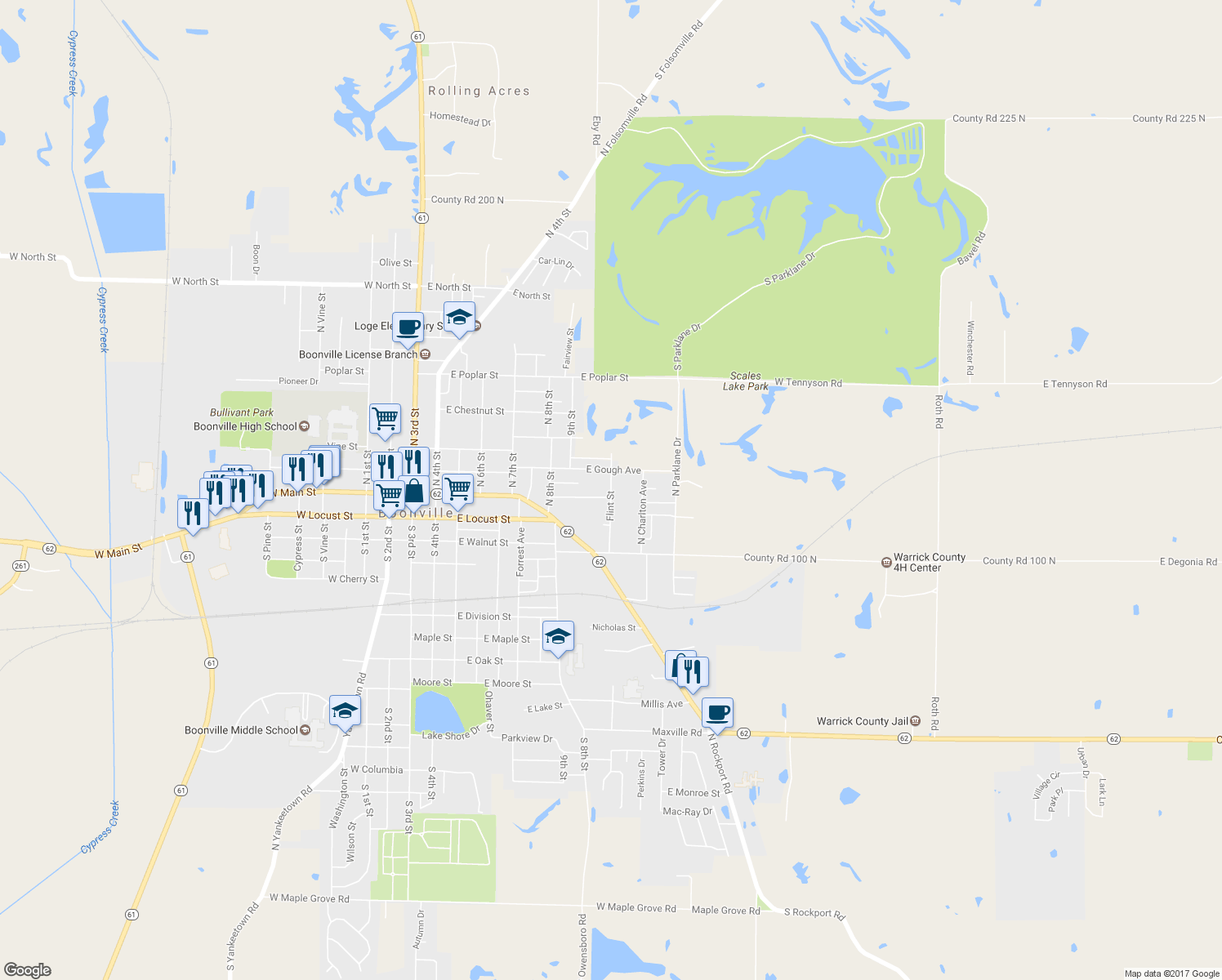 map of restaurants, bars, coffee shops, grocery stores, and more near 214 Flint Street in Boonville