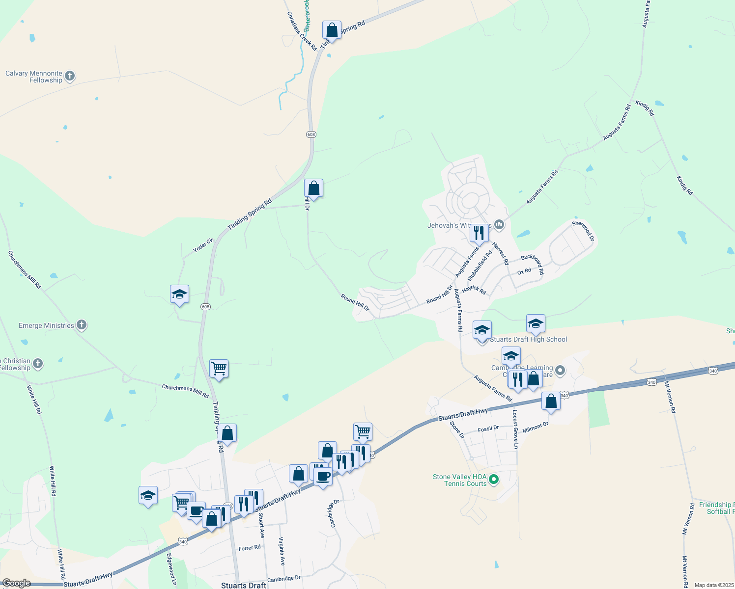 map of restaurants, bars, coffee shops, grocery stores, and more near 102 Provence Drive in Stuarts Draft