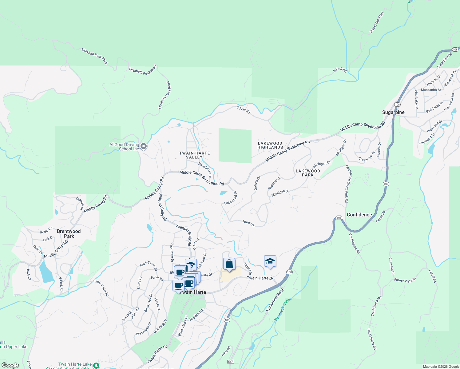 map of restaurants, bars, coffee shops, grocery stores, and more near 18940 Middle Camp Sugarpine Road in Twain Harte