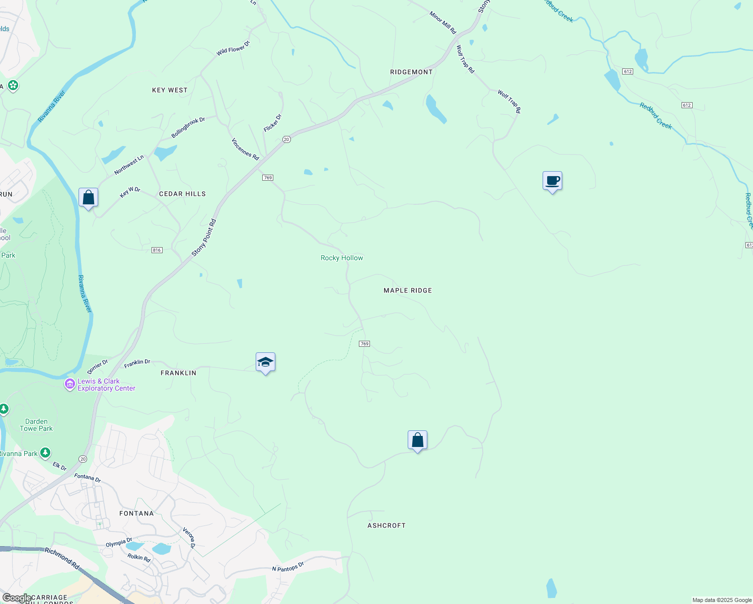 map of restaurants, bars, coffee shops, grocery stores, and more near 453 Rocky Hollow Road in Charlottesville