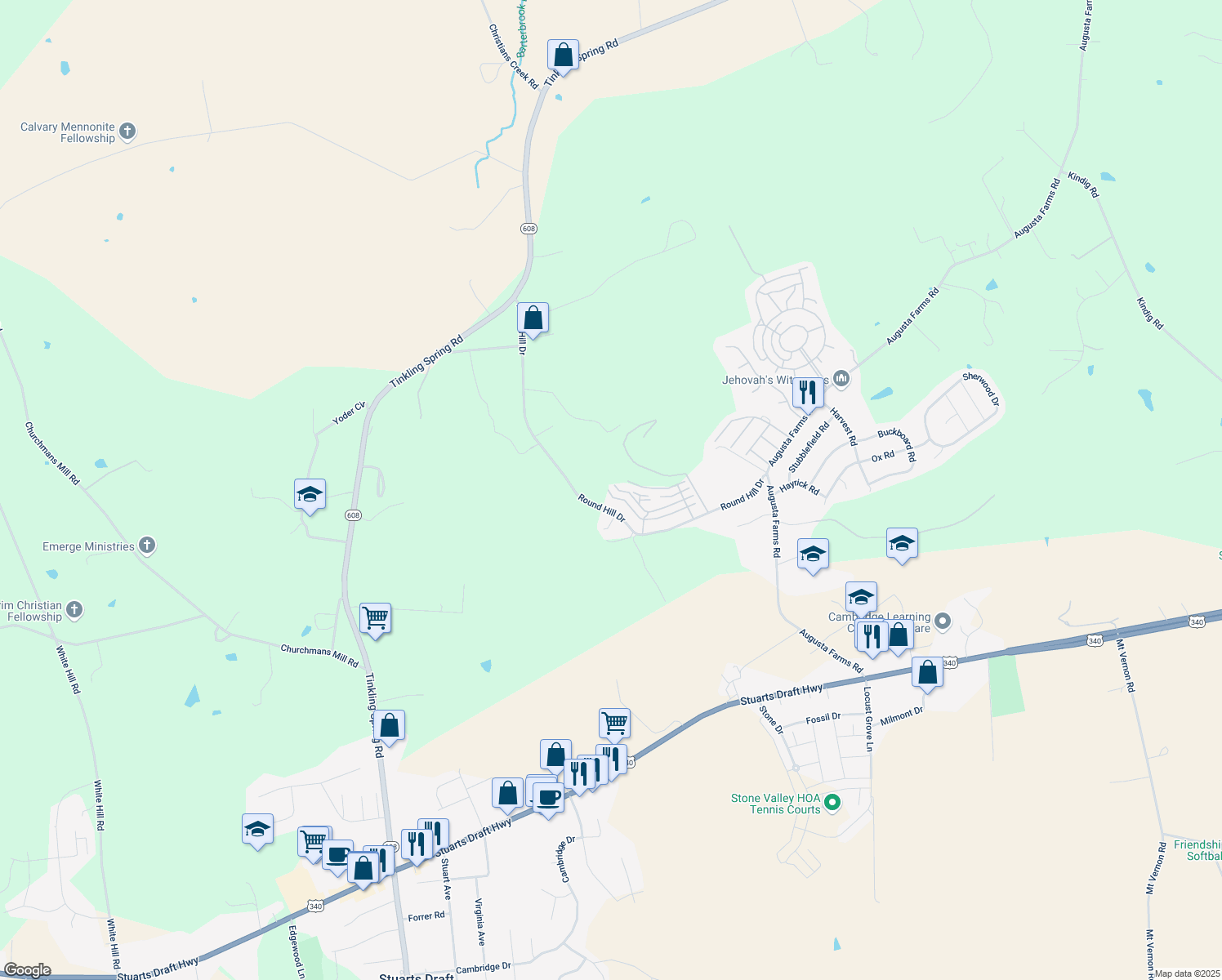 map of restaurants, bars, coffee shops, grocery stores, and more near 102 Provence Drive in Stuarts Draft