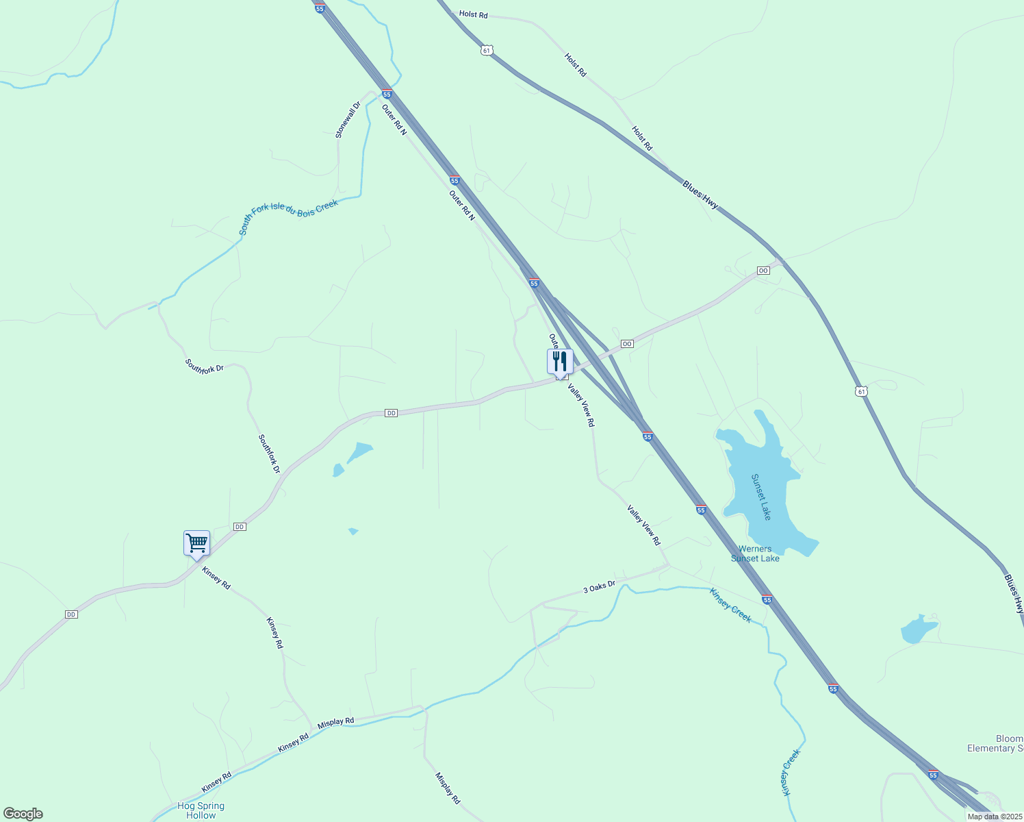 map of restaurants, bars, coffee shops, grocery stores, and more near 9498 State Road DD in Bloomsdale