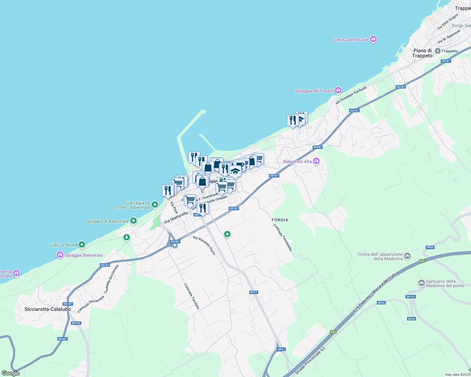 map of restaurants, bars, coffee shops, grocery stores, and more near 8 Via Guardione in Balestrate-foce
