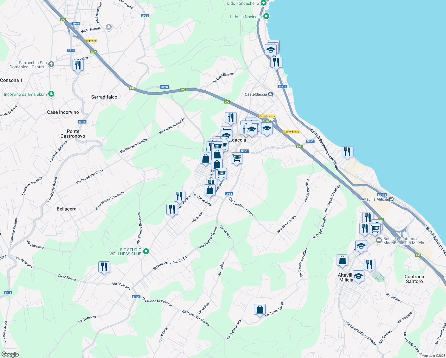 map of restaurants, bars, coffee shops, grocery stores, and more near 55 Via Naurra in Casteldaccia