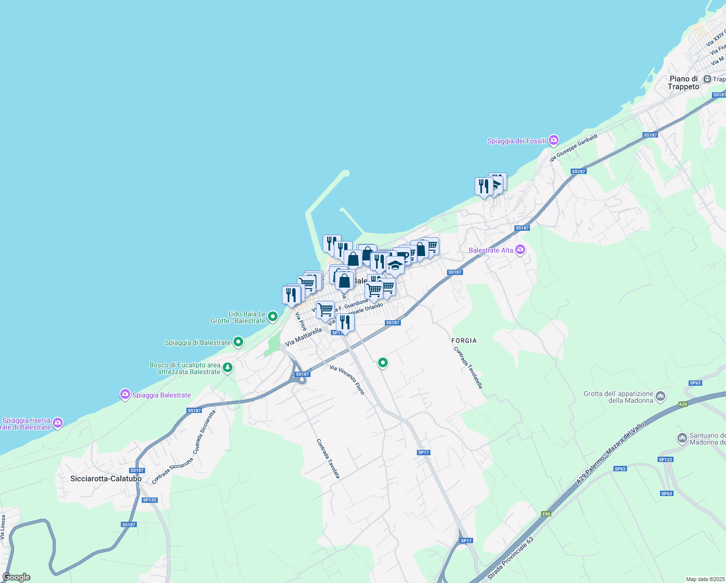 map of restaurants, bars, coffee shops, grocery stores, and more near 89 Via Francesco Crispi in Balestrate