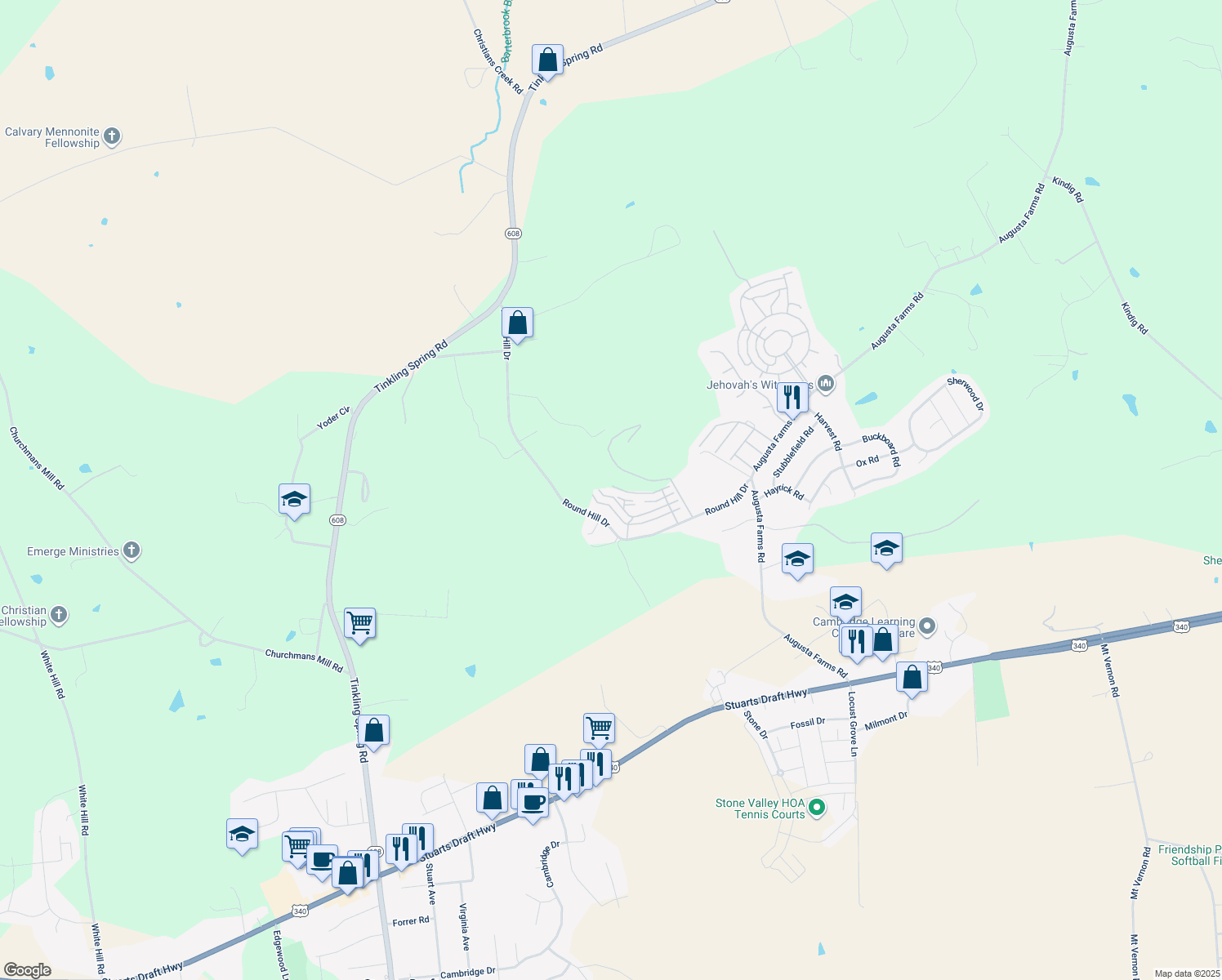 map of restaurants, bars, coffee shops, grocery stores, and more near 102 Provence Drive in Stuarts Draft
