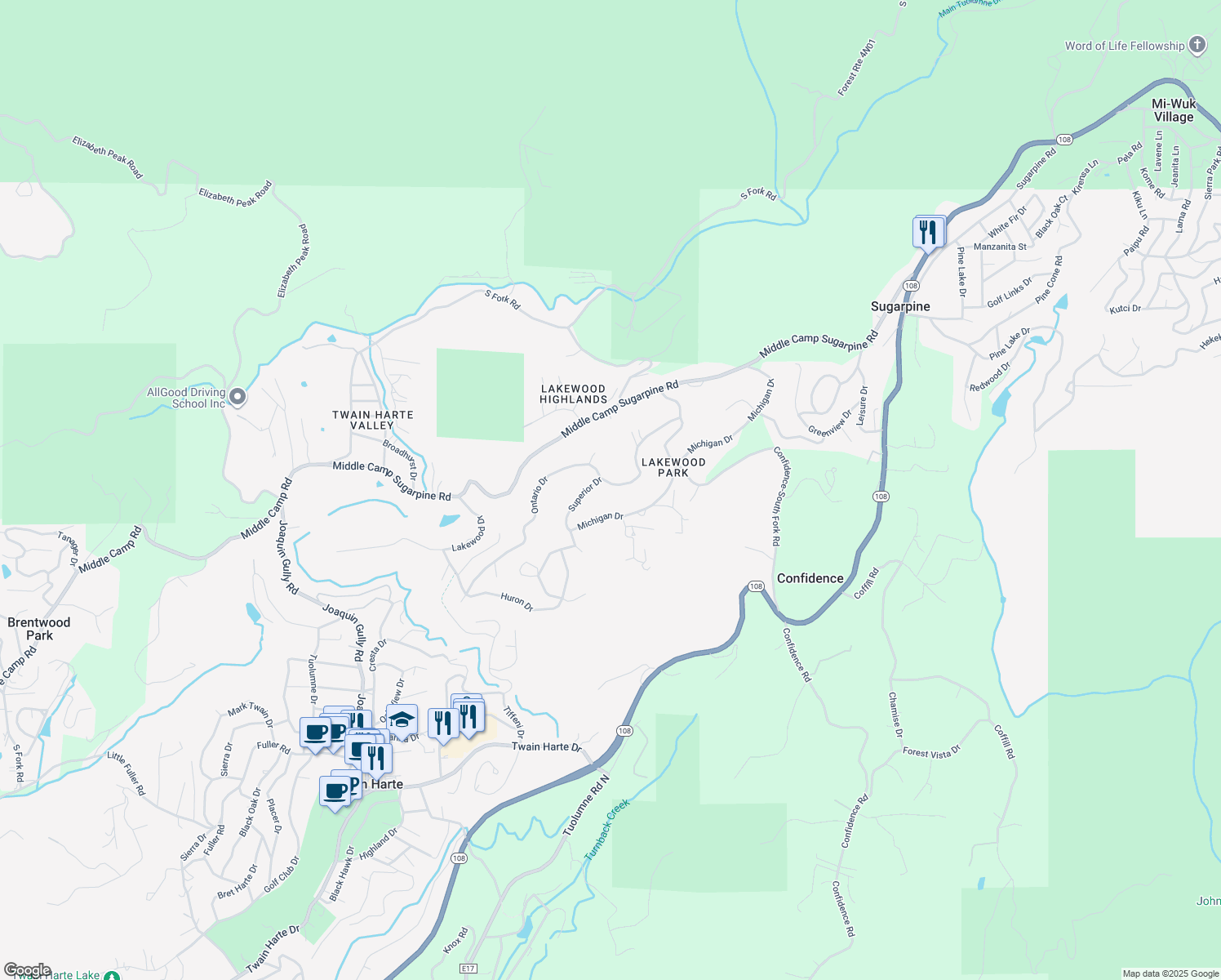 map of restaurants, bars, coffee shops, grocery stores, and more near 19235 Superior Drive in Twain Harte