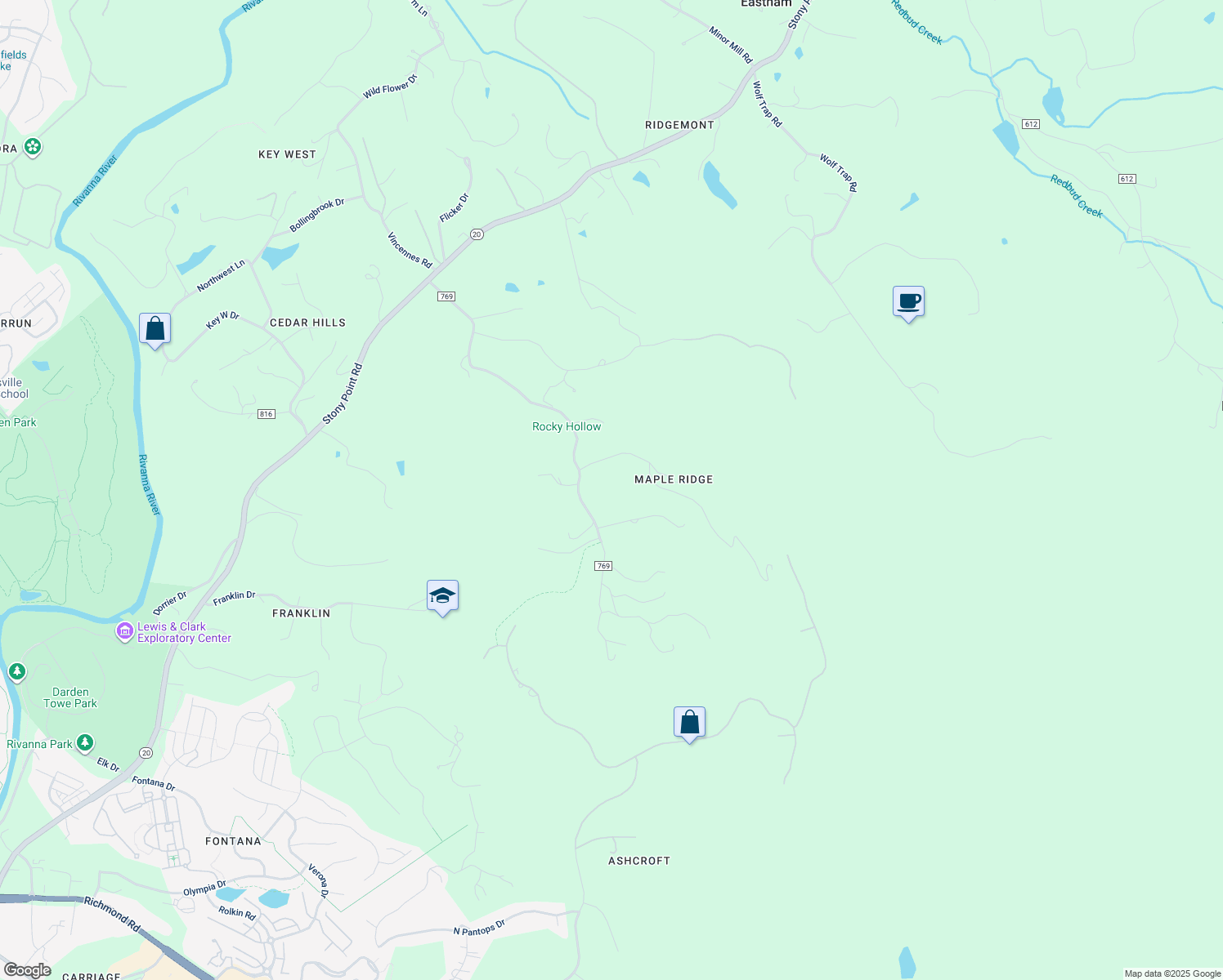 map of restaurants, bars, coffee shops, grocery stores, and more near 453 Rocky Hollow Road in Charlottesville
