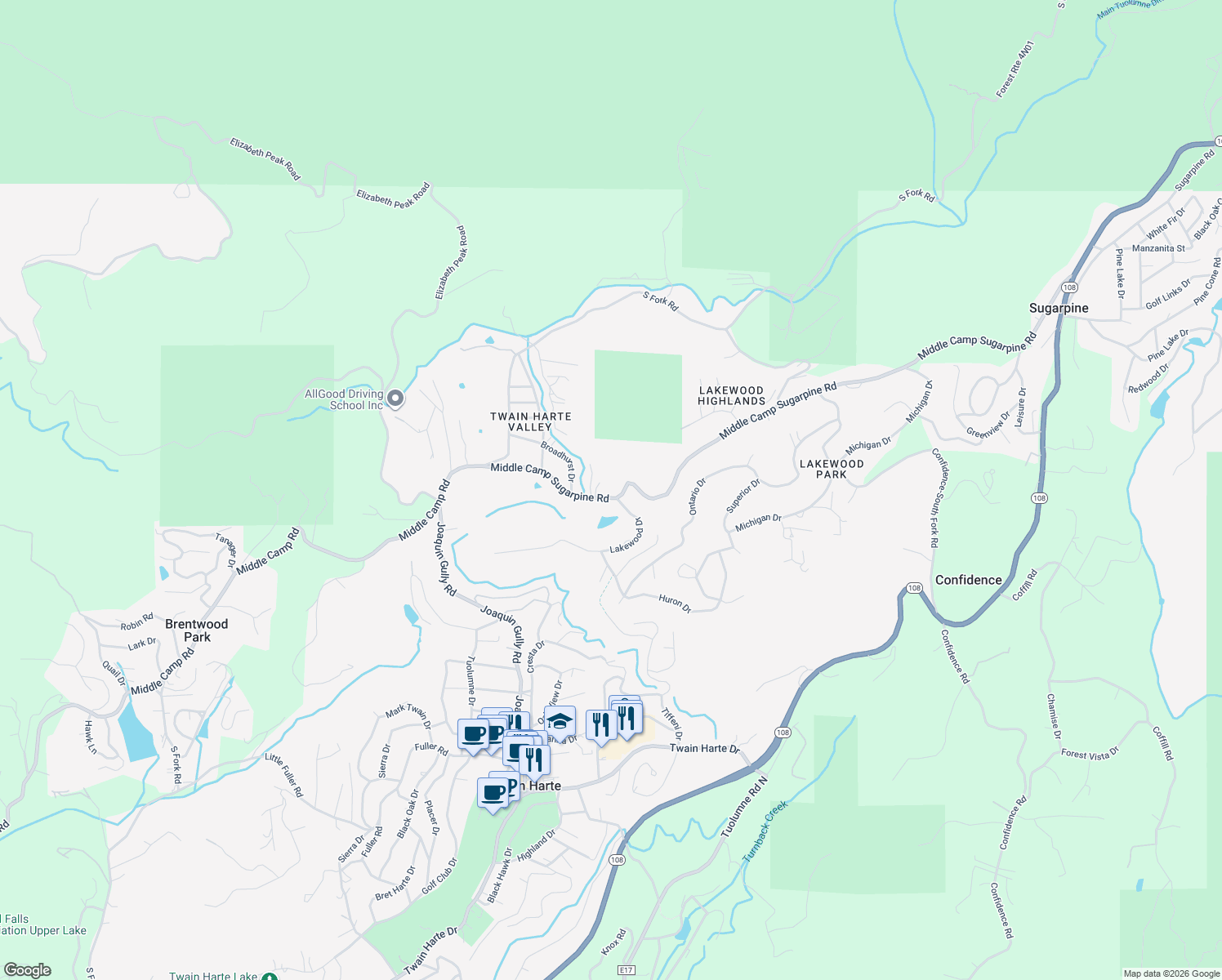 map of restaurants, bars, coffee shops, grocery stores, and more near 18940 Middle Camp Sugarpine Road in Twain Harte