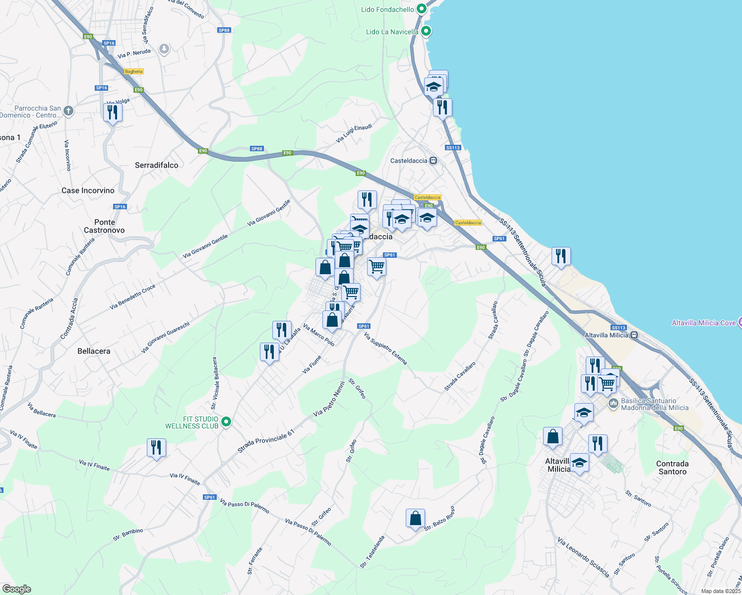 map of restaurants, bars, coffee shops, grocery stores, and more near 55 Via Suppietro in Casteldaccia