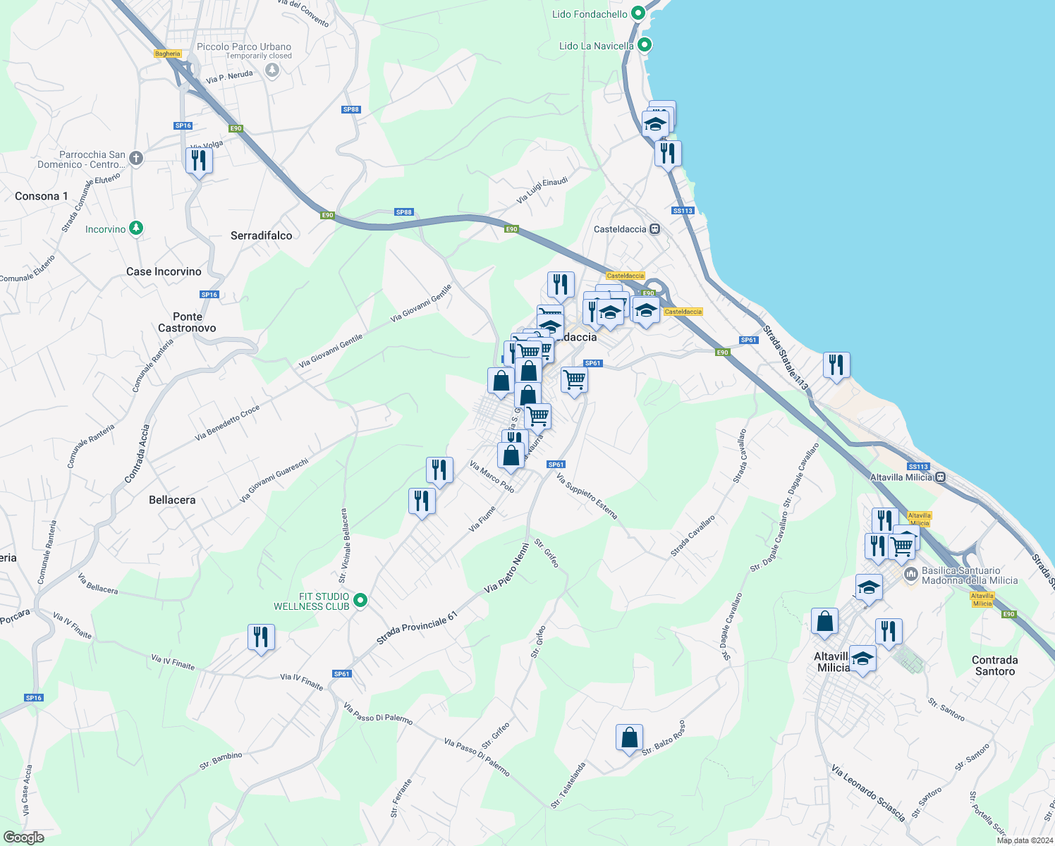 map of restaurants, bars, coffee shops, grocery stores, and more near 40 Via Palermo in Casteldaccia