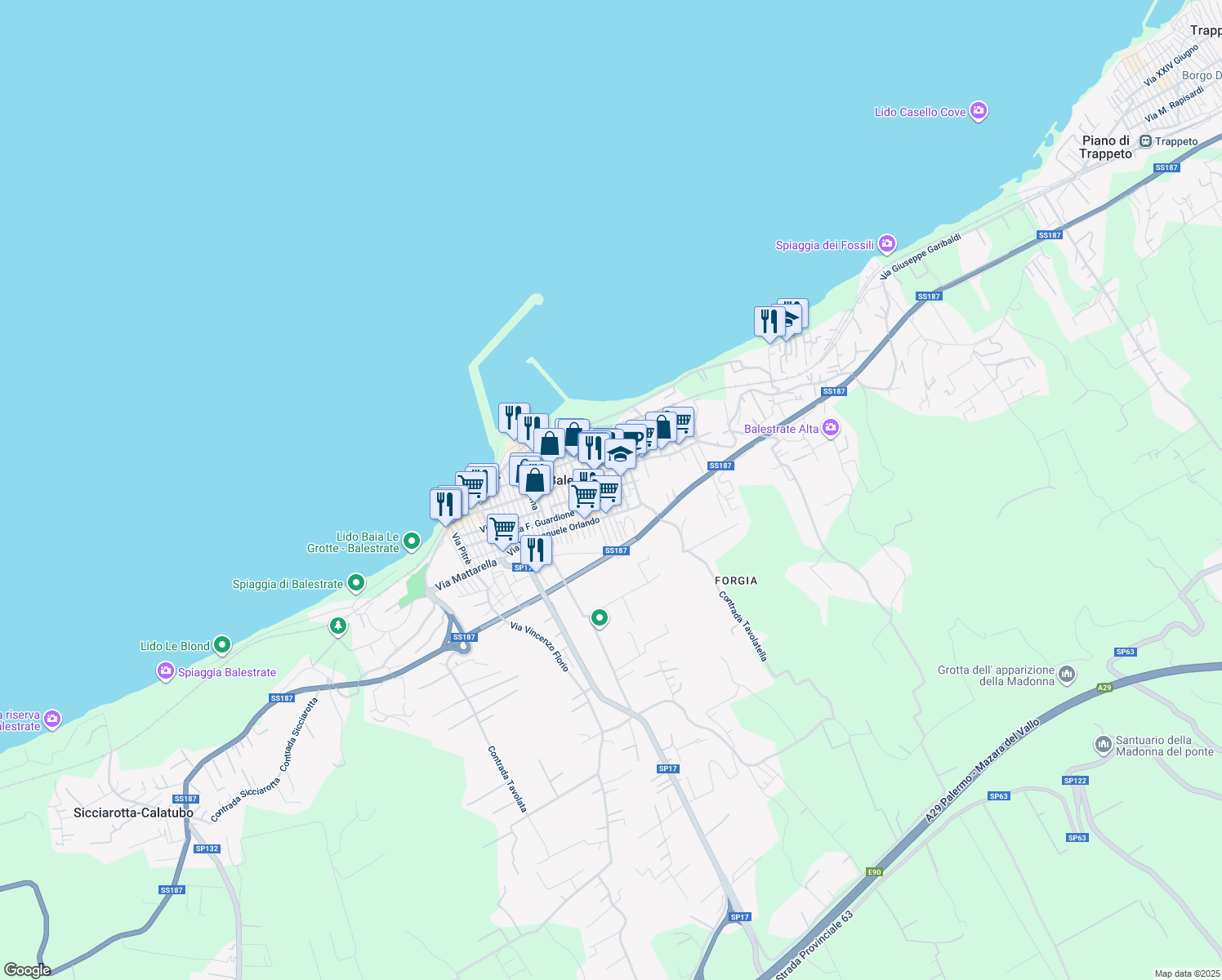 map of restaurants, bars, coffee shops, grocery stores, and more near 8 Via Guardione in Balestrate-foce