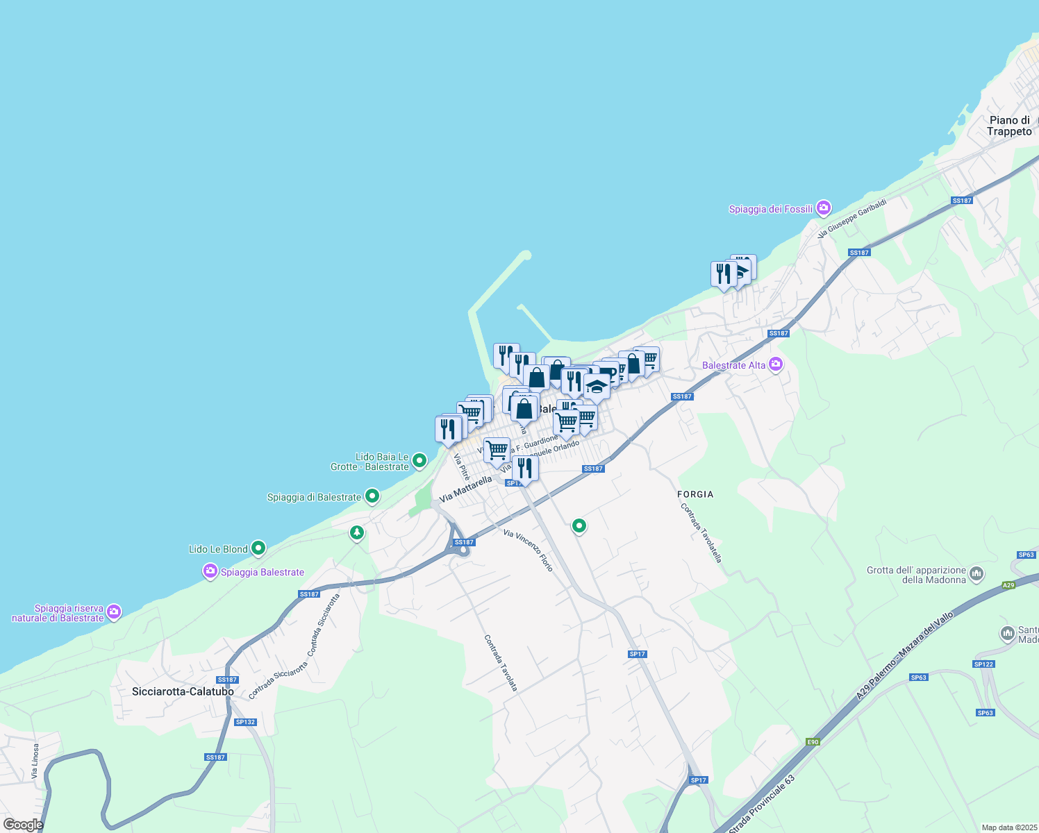 map of restaurants, bars, coffee shops, grocery stores, and more near 65 Via Roma in Balestrate