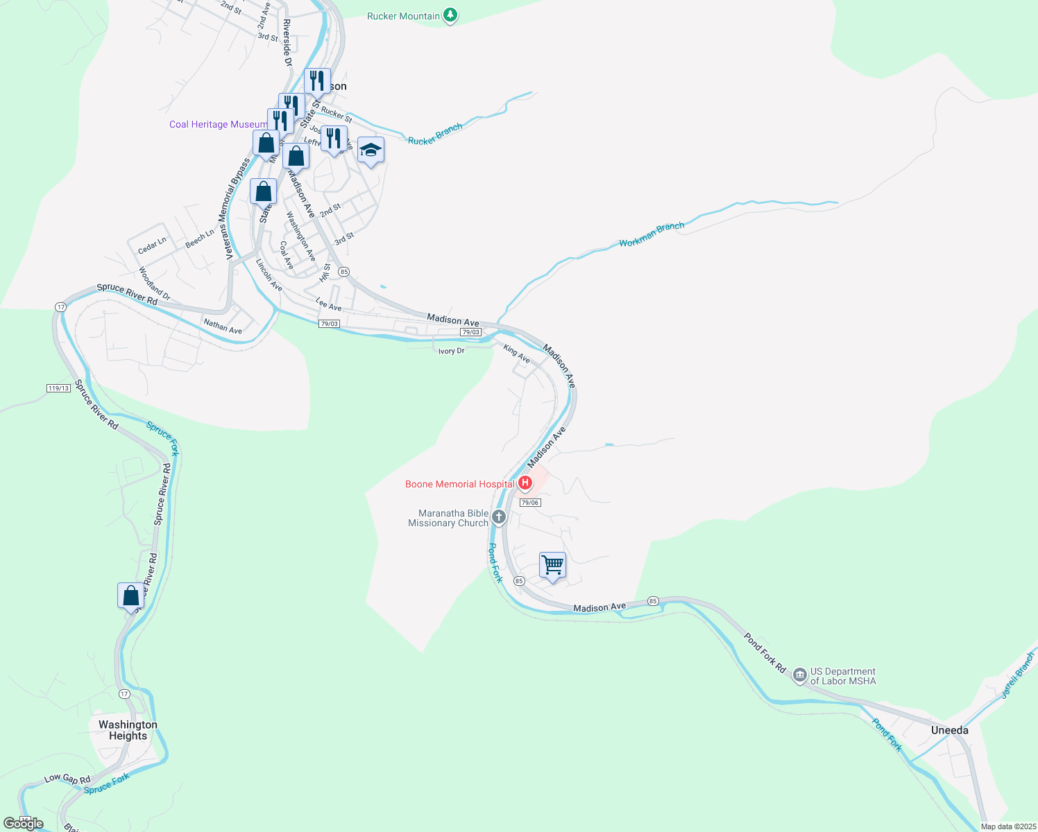 map of restaurants, bars, coffee shops, grocery stores, and more near Buck Street in Madison