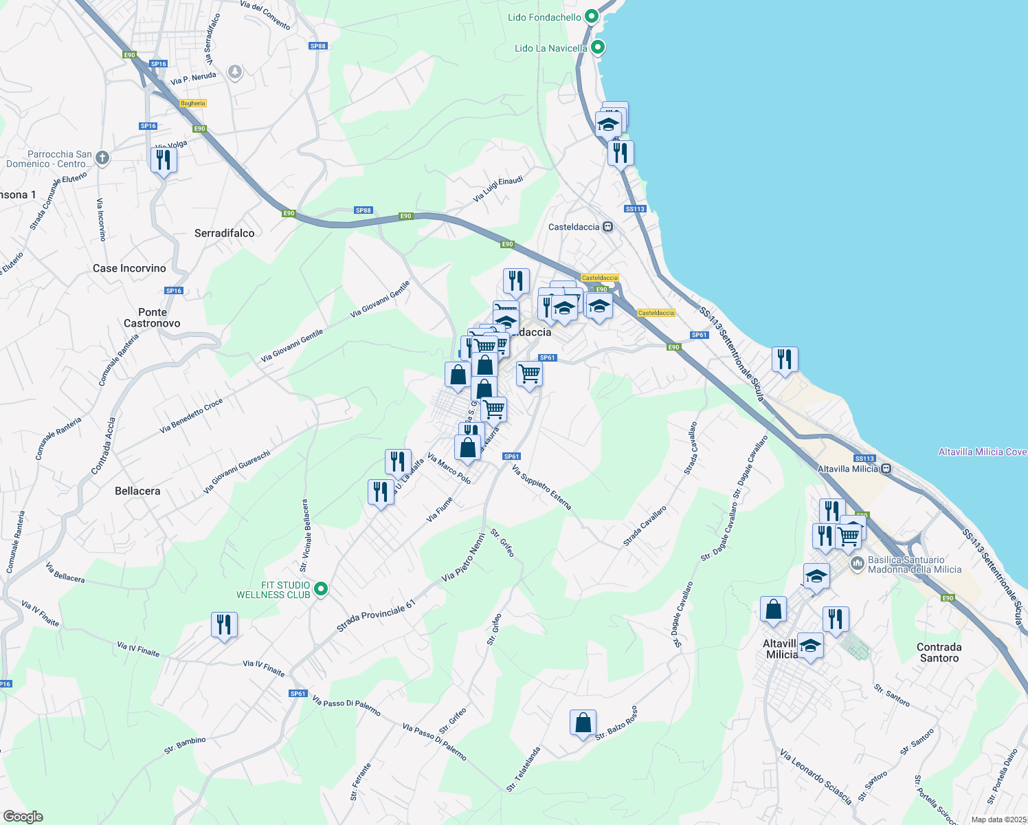 map of restaurants, bars, coffee shops, grocery stores, and more near 55 Via Suppietro in Casteldaccia