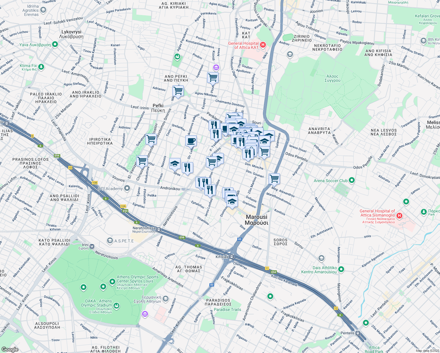 map of restaurants, bars, coffee shops, grocery stores, and more near in Marousi