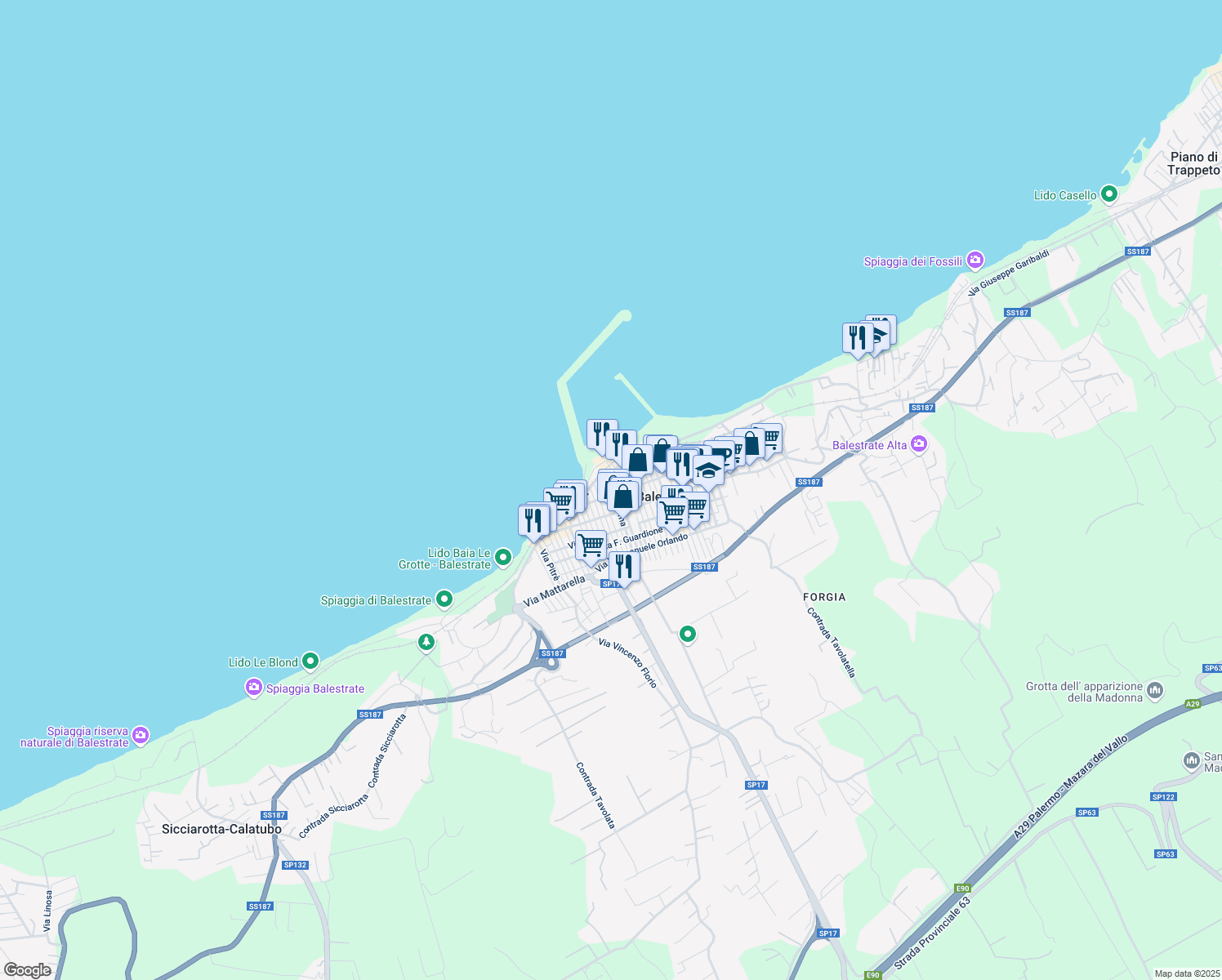 map of restaurants, bars, coffee shops, grocery stores, and more near 2 Via Giovanni Meli in Balestrate