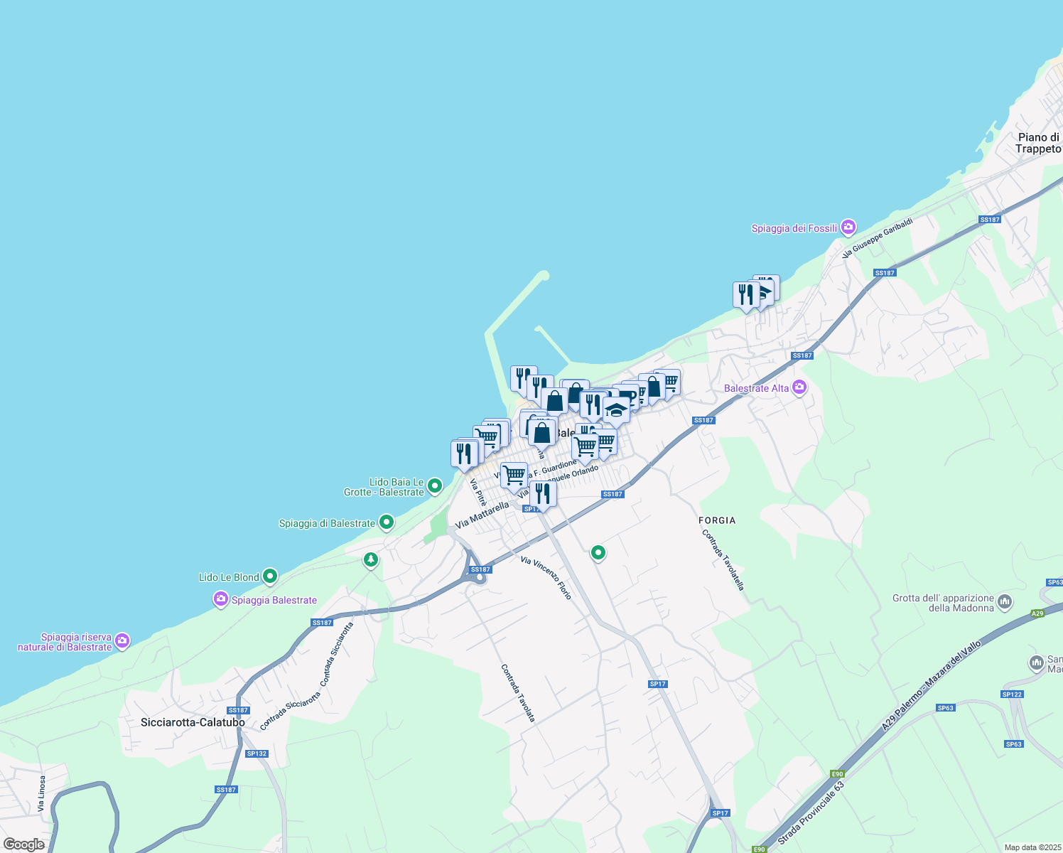 map of restaurants, bars, coffee shops, grocery stores, and more near 2 Via Giovanni Meli in Balestrate