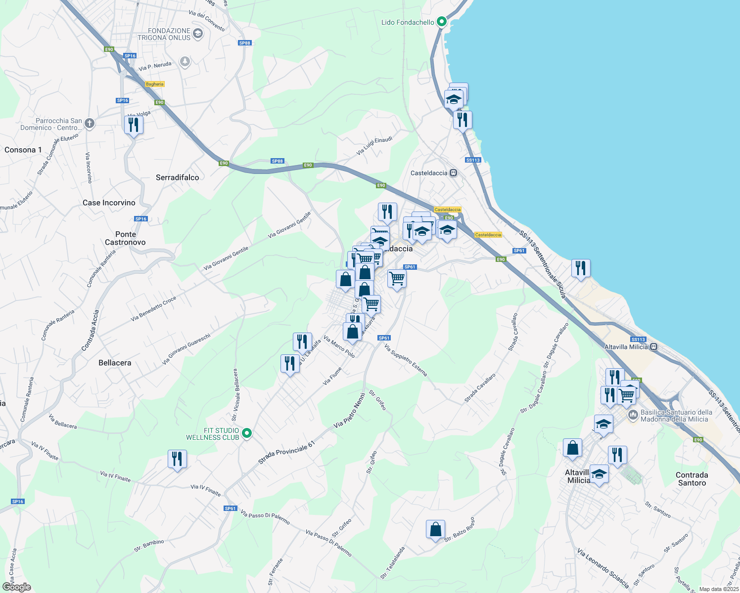 map of restaurants, bars, coffee shops, grocery stores, and more near 14 Via Alcide De Gasperi in Casteldaccia