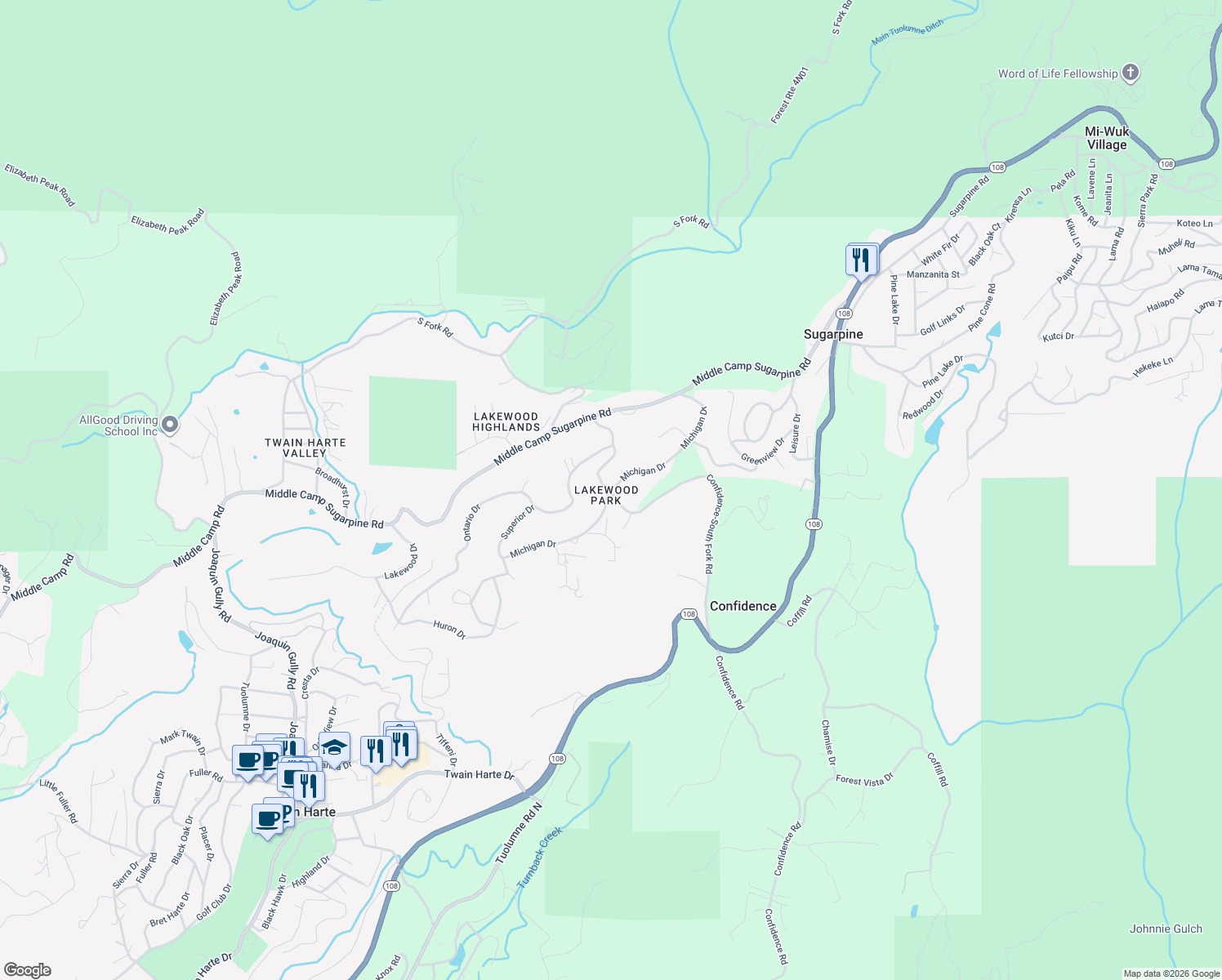 map of restaurants, bars, coffee shops, grocery stores, and more near 19430 Michigan Drive in Twain Harte