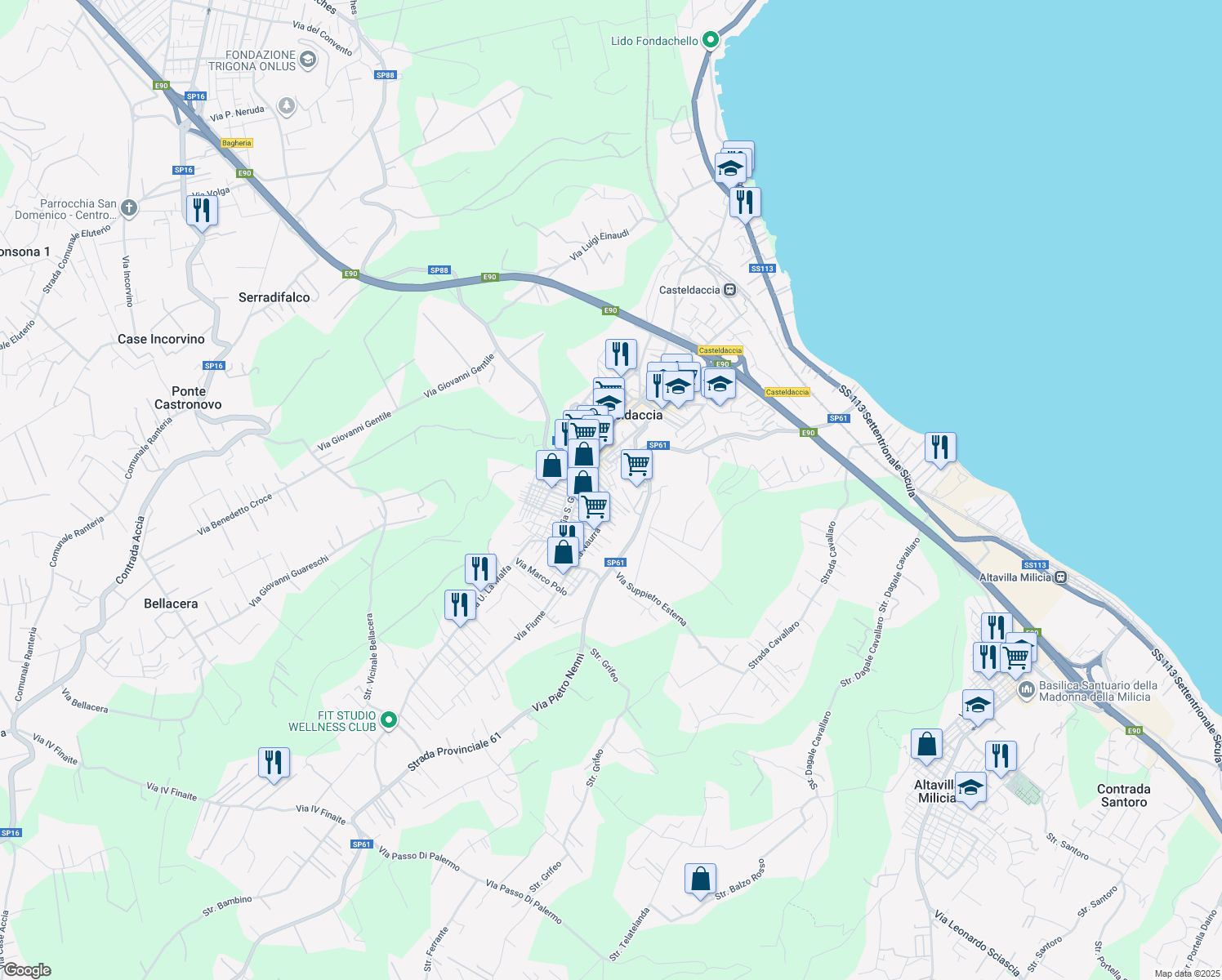 map of restaurants, bars, coffee shops, grocery stores, and more near 14 Via A. De Gasperi in Palermo