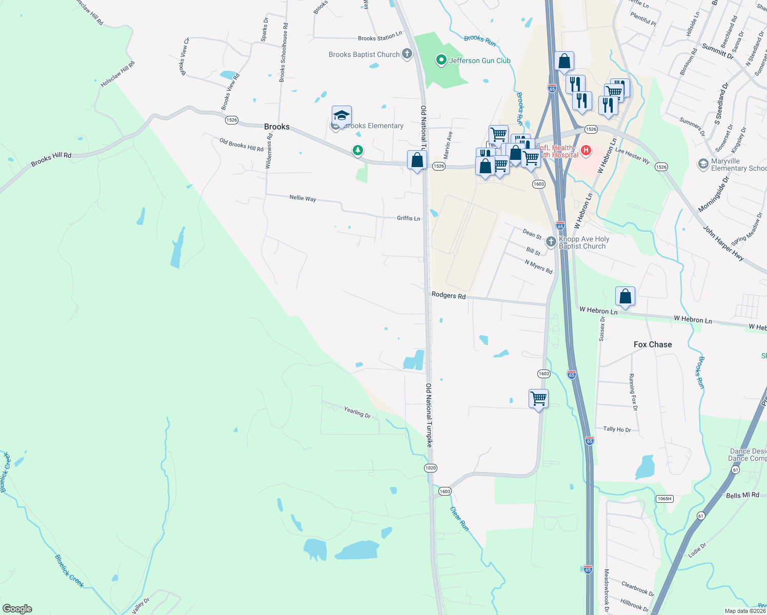map of restaurants, bars, coffee shops, grocery stores, and more near 418 Overlook Acres in Brooks