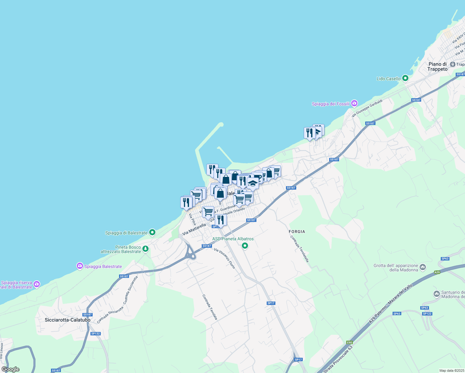 map of restaurants, bars, coffee shops, grocery stores, and more near 21 Via Giuseppe Mazzini in Balestrate