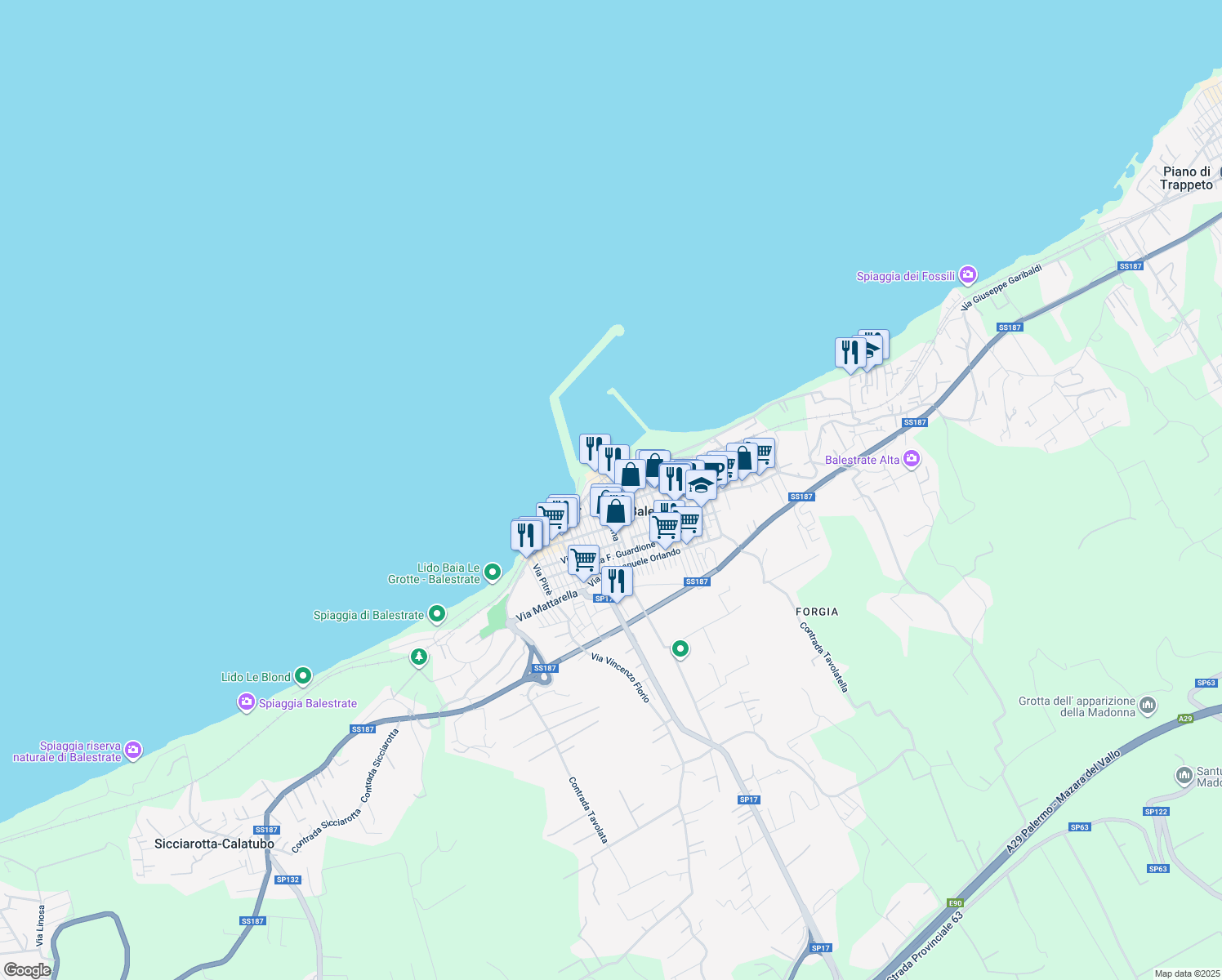 map of restaurants, bars, coffee shops, grocery stores, and more near 28 Via Giuseppe Garibaldi in Balestrate