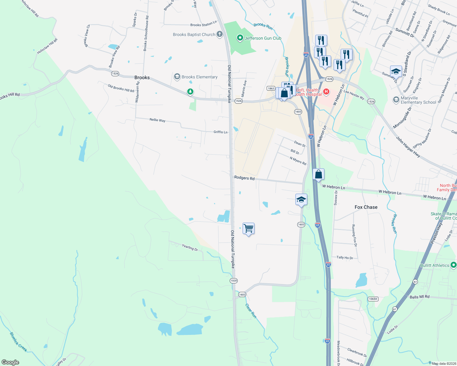 map of restaurants, bars, coffee shops, grocery stores, and more near 2739 Coral Ridge Road in Brooks