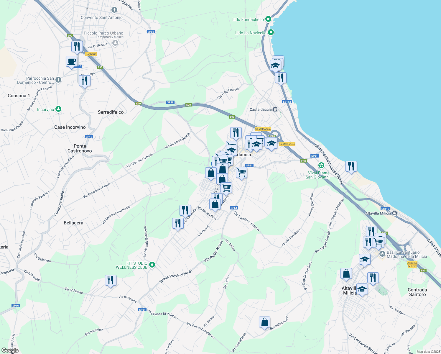 map of restaurants, bars, coffee shops, grocery stores, and more near 15 Via Giuseppe Garibaldi in Casteldaccia