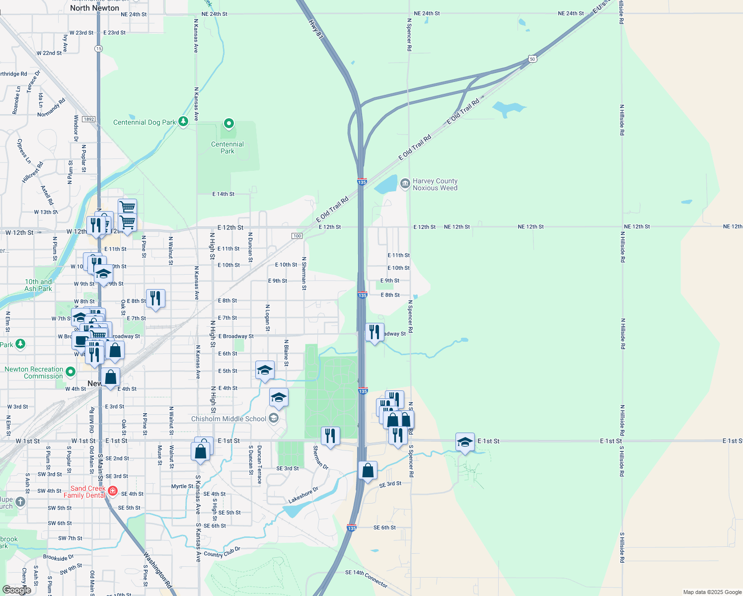 map of restaurants, bars, coffee shops, grocery stores, and more near 1501 East 8th Street in Newton