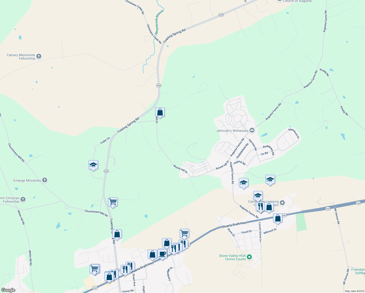 map of restaurants, bars, coffee shops, grocery stores, and more near 44-50 Brittany Ln in Stuarts Draft