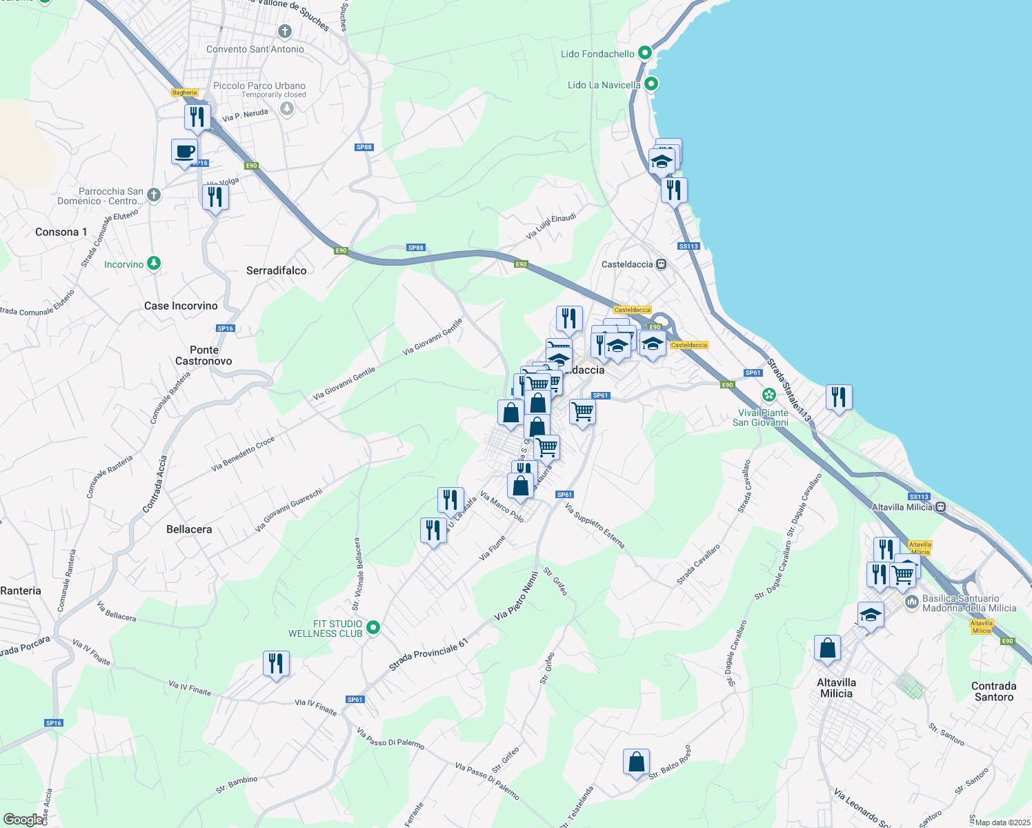 map of restaurants, bars, coffee shops, grocery stores, and more near 20 Via degli Angeli in Casteldaccia