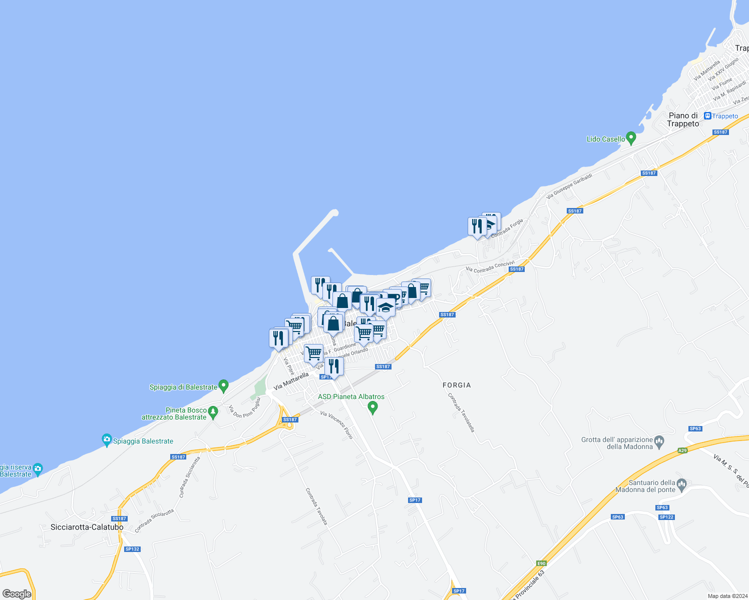 map of restaurants, bars, coffee shops, grocery stores, and more near in Balestrate