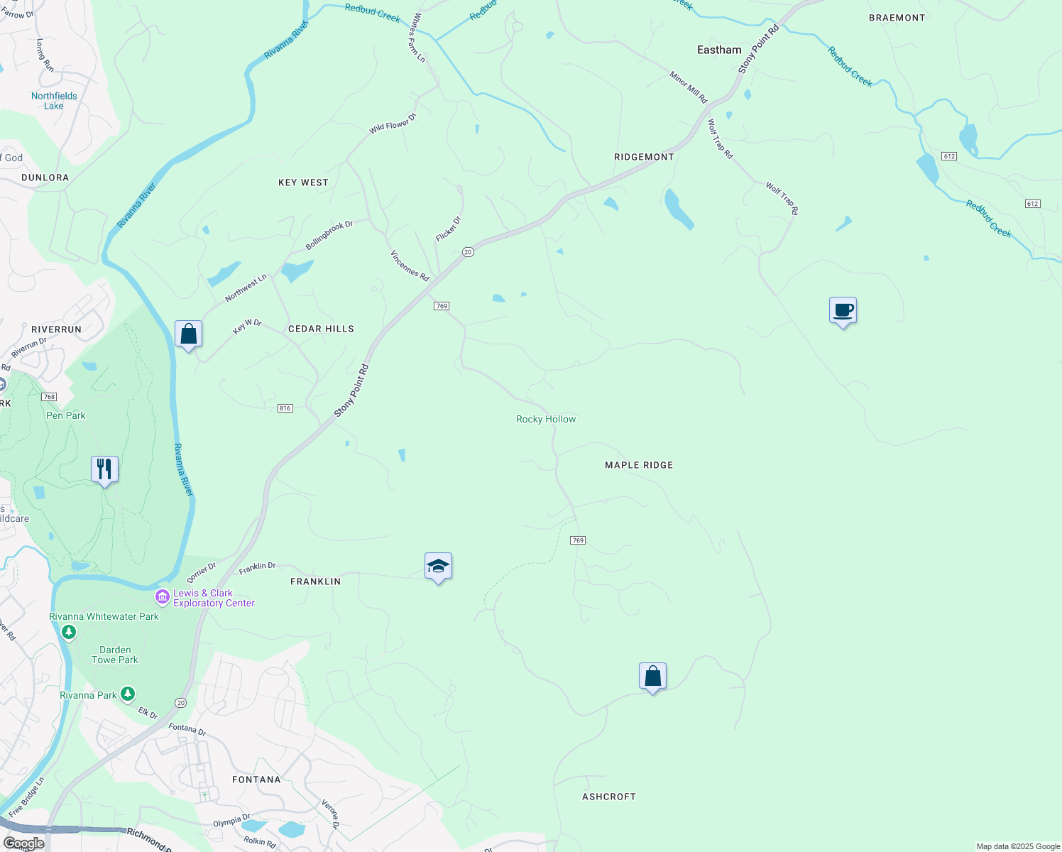 map of restaurants, bars, coffee shops, grocery stores, and more near 540 Rocky Hollow Road in Charlottesville