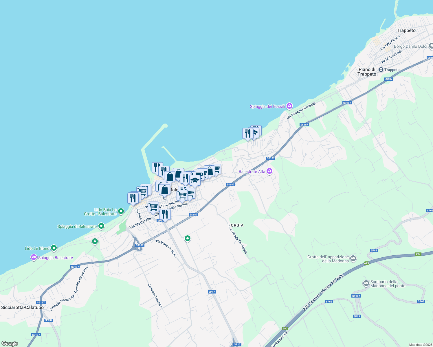 map of restaurants, bars, coffee shops, grocery stores, and more near 2 Via Pio la Torre in Balestrate