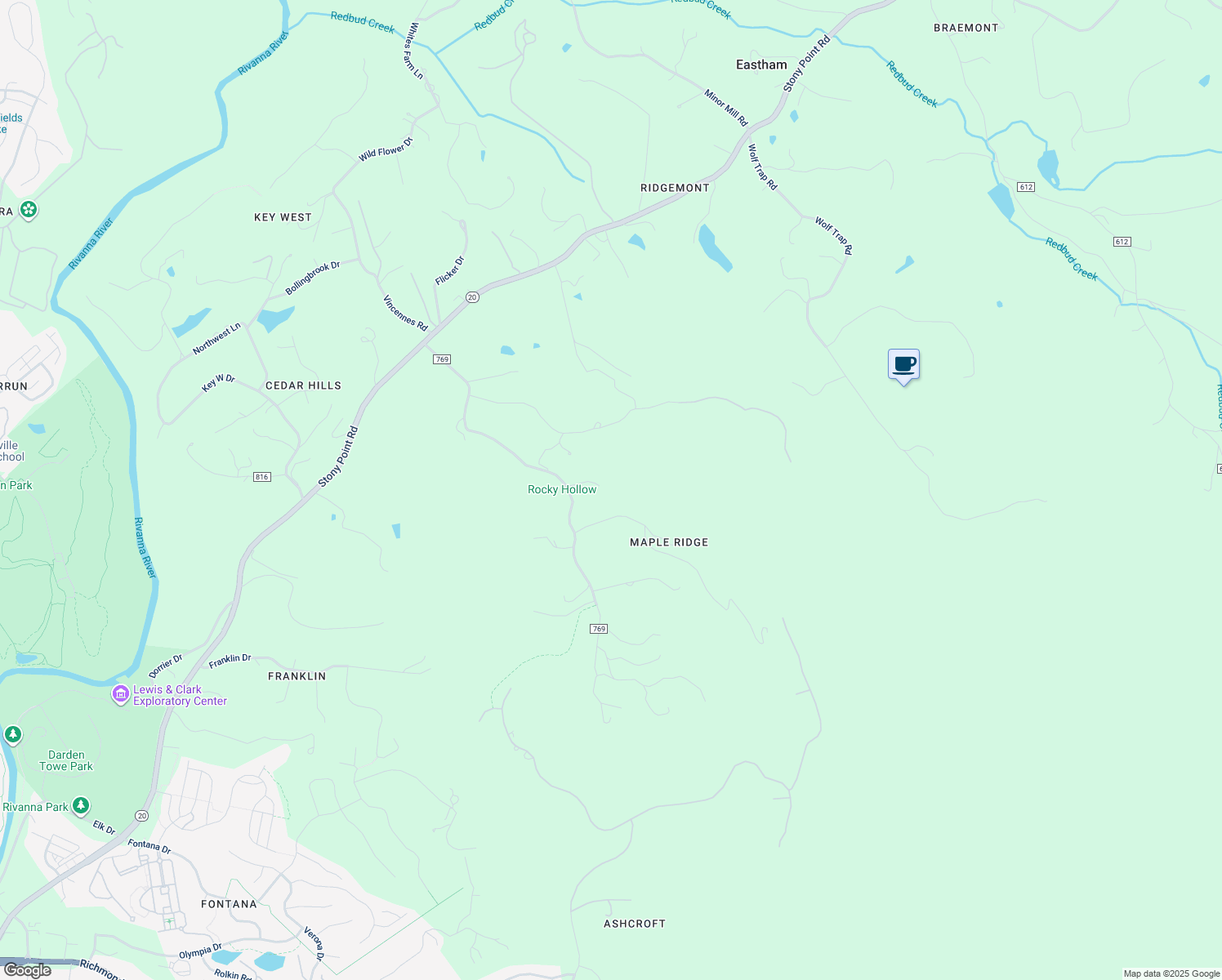 map of restaurants, bars, coffee shops, grocery stores, and more near 599 Rocky Hollow Road in Charlottesville