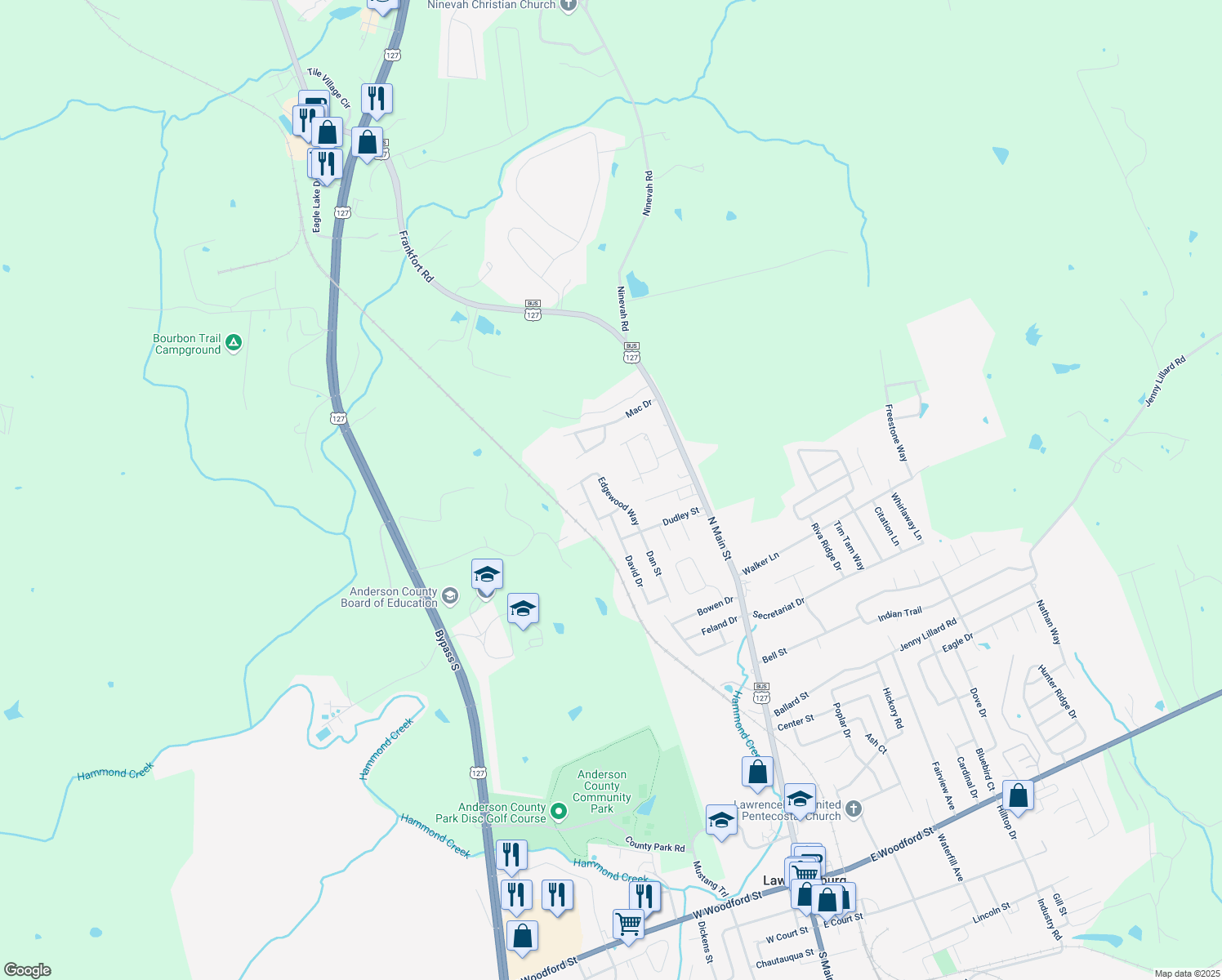 map of restaurants, bars, coffee shops, grocery stores, and more near 1028 Edgewood Way in Lawrenceburg