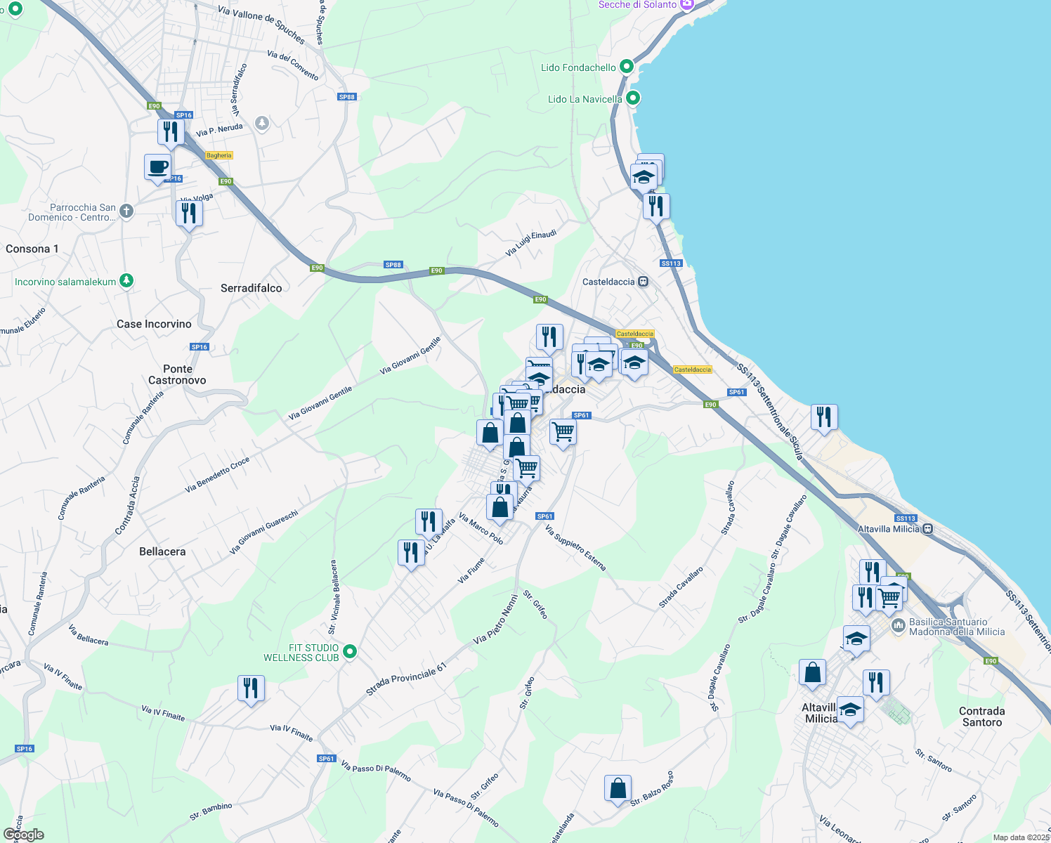 map of restaurants, bars, coffee shops, grocery stores, and more near 30 Via Roma in Casteldaccia