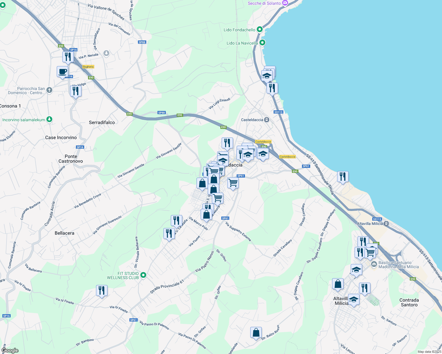map of restaurants, bars, coffee shops, grocery stores, and more near 30 Via Roma in Casteldaccia