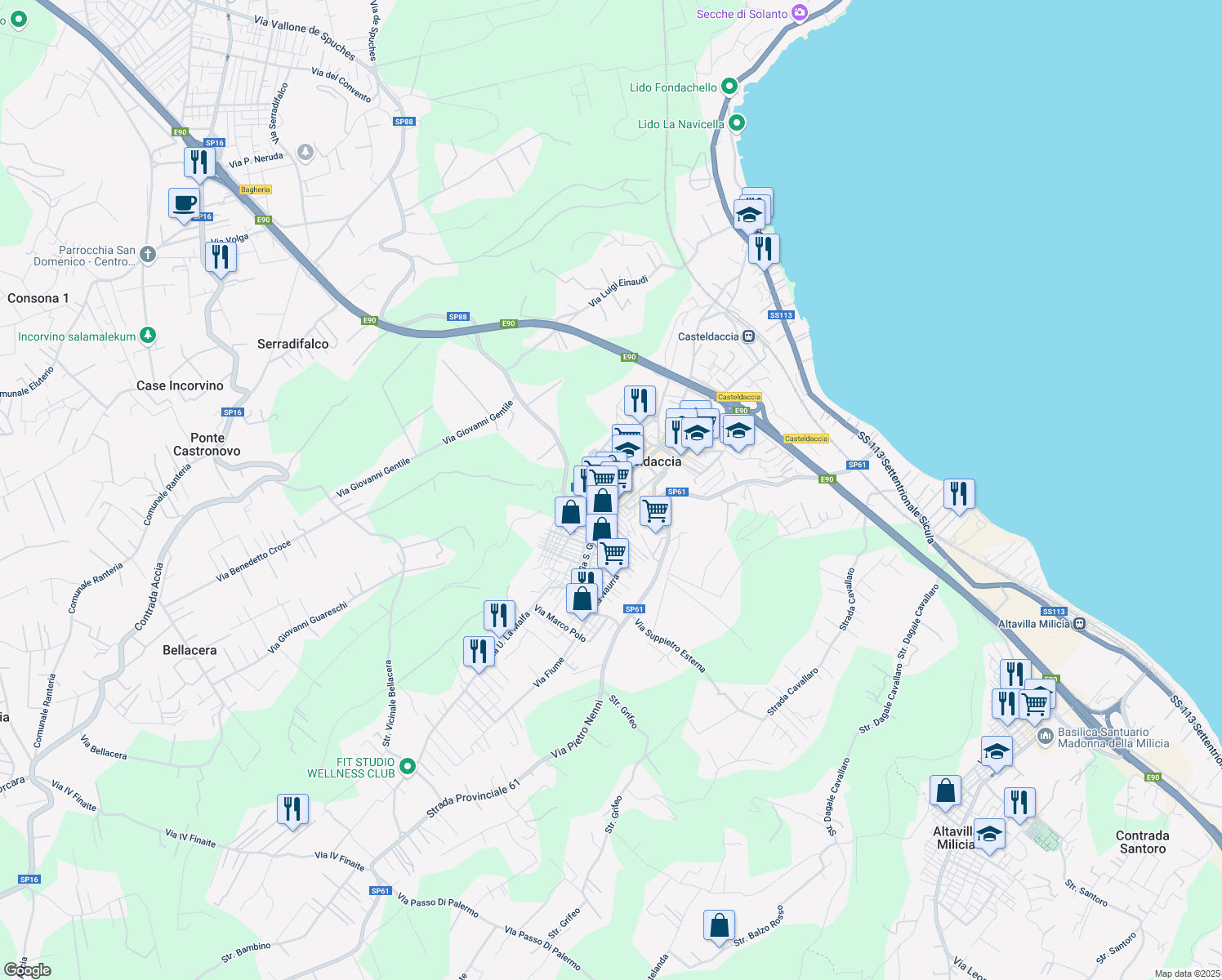 map of restaurants, bars, coffee shops, grocery stores, and more near 30 Via Roma in Casteldaccia